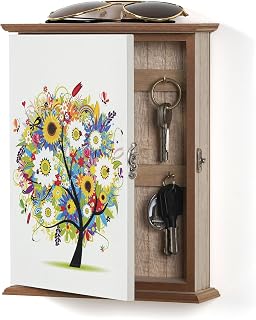 Key Box Wooden Key Box with Tree and Flower Pattern Key Cabinet 6 Key Hooks Key Holder Wall Organizer for Entryway, Hallway, Office, Key Holder L White