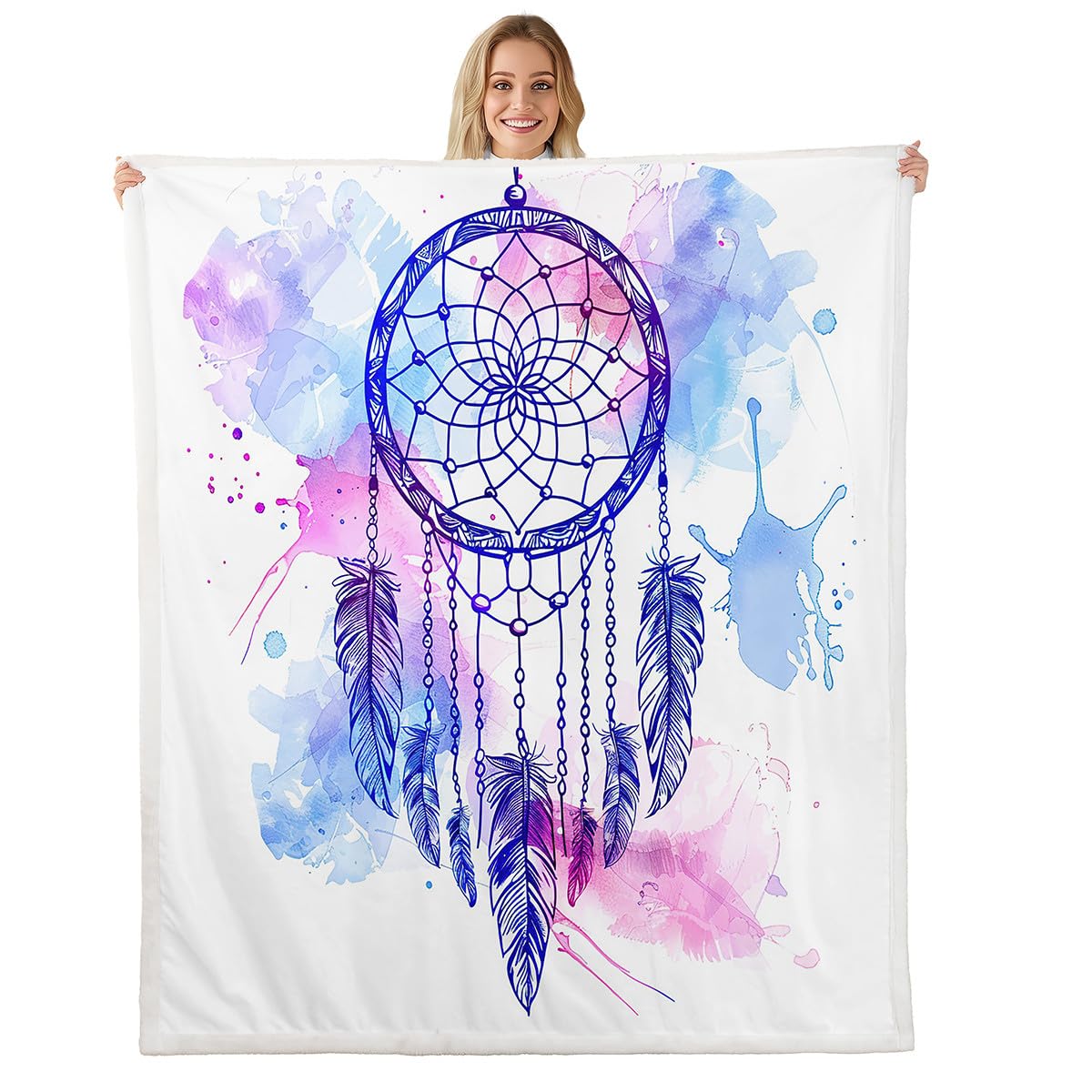 Homemissing Boho Dream Catcher Decor Fleece Throw Blanket Queen 90x90Inch For Sofa Bed Couch Kids Boys Girls Dreamcatcher Plush Blanket Bohemian Style Sherpa Blanket Chic Tribal Elements Fuzzy Blanket