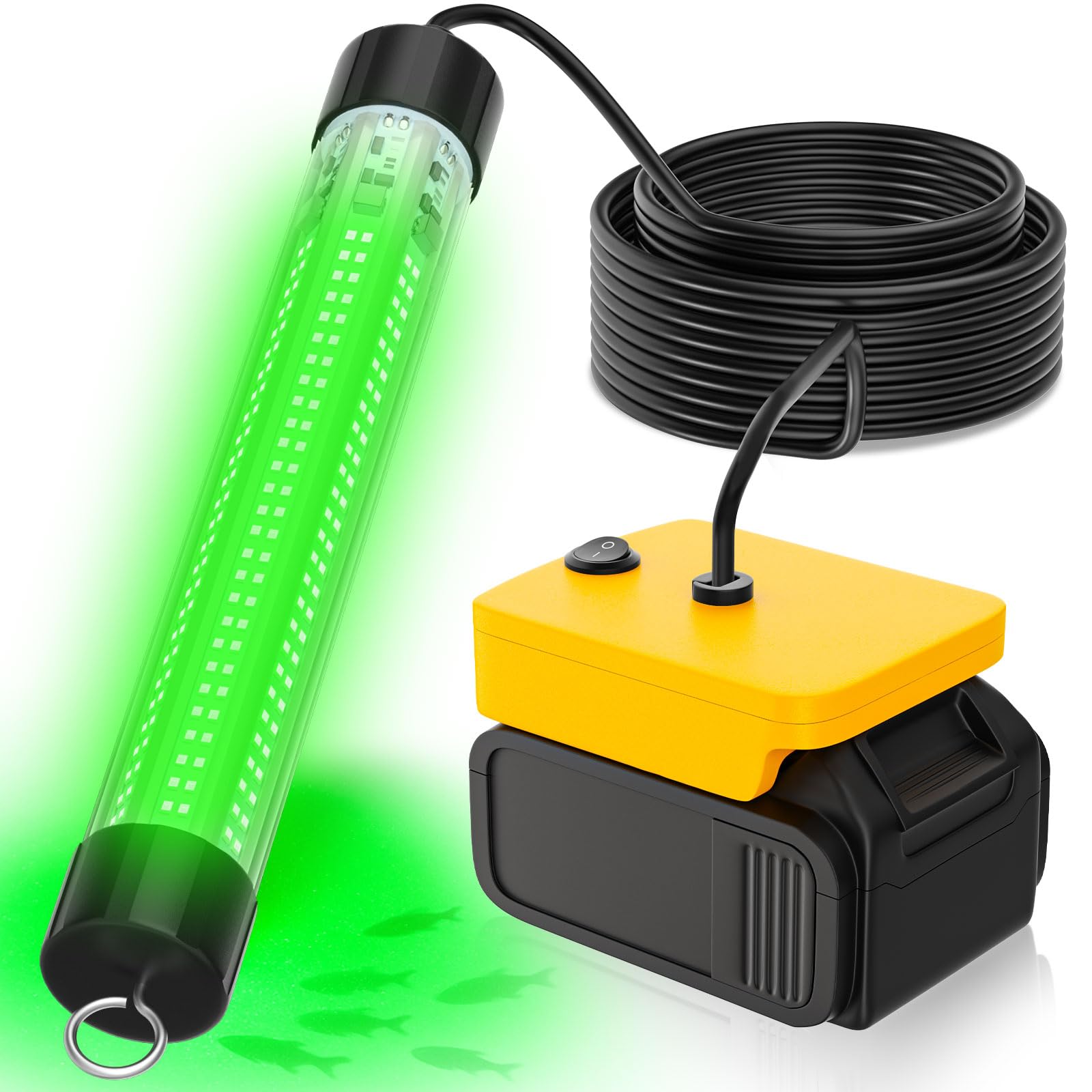 Dinftin Black Led Underwater Fishing Light Compatible With For Dewalt 20V Battery（Battery Not Included）, 6000 Lumens, Ip68 Waterproof Submersible Green Fish Attractor Light For Night/Ice/Boat Fishing