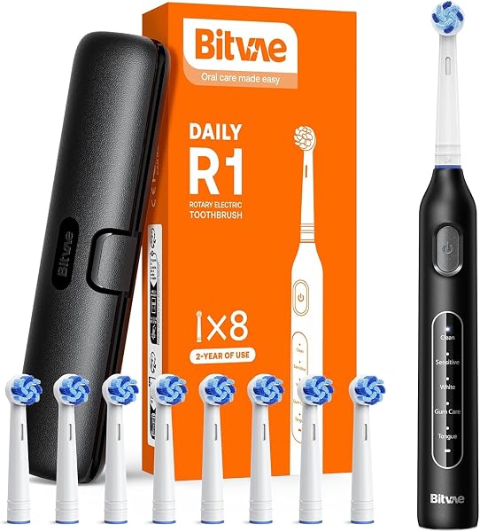 Bitvae R1 Rotating Electric Toothbrush with 8 Brush Heads for Adults and Kids, 60-Day Battery Life, 5 Modes Rechargeable