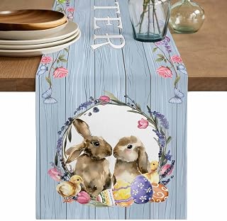 Easter Bunny Table Runner 72 Inches, Spring Easter Eggs Chick Floral Blue Wood Bed Runner Dresser Scarves Tabletop for Indoor Outdoor Parties/Ceremony/Banquet, 13" x 72"
