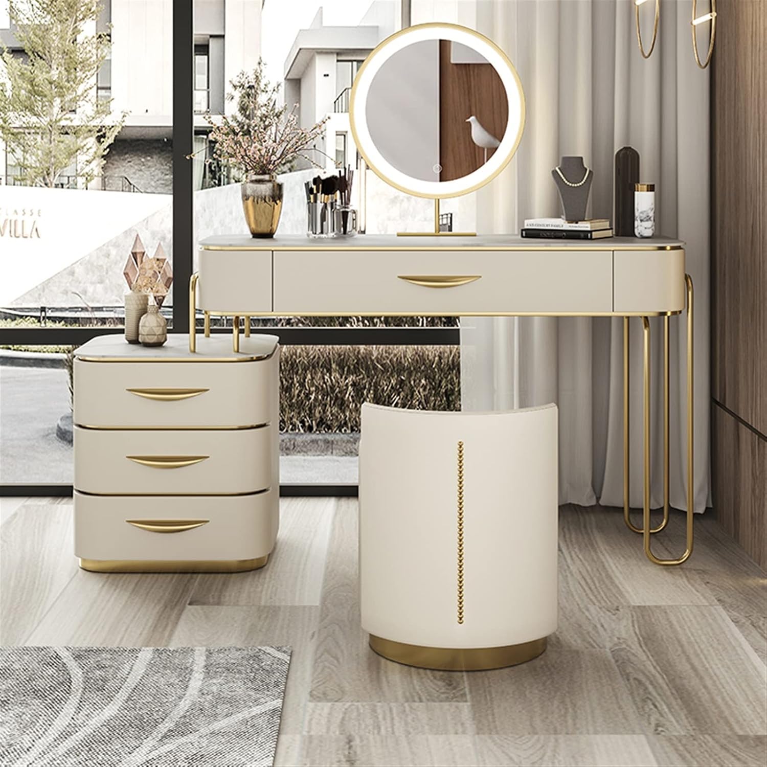 Vanity Dressing Table Set Luxury Makeup Bench with 3 Colors Led Hd Mirror,Comfortable Stool Drawers Cabinet,Modern Simple Style,for Girl's Gift (Size : 100cm) ()