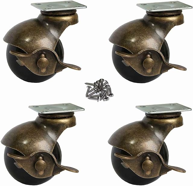 OK5STAR 4 pcs Antique Furniture Caster Wheels,2 inch Ball Plate Casters With Brake, Vintage Swivel Caster Ball Wheels with Top Mounting Plate for Sofa Chair Cabinet Furniture Bench