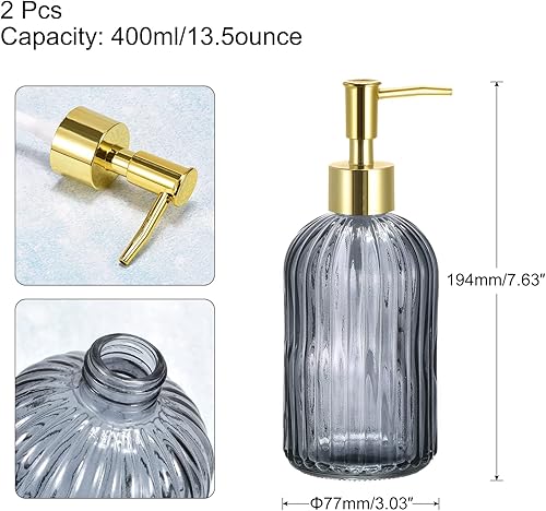 Miniatura 2 de uxcell Juego de dispensadores de jabón  Paquete de 2 dispensadores de jabón de manos de vidrio de 13.5 onzas con bomba dorada para cocina y baño,