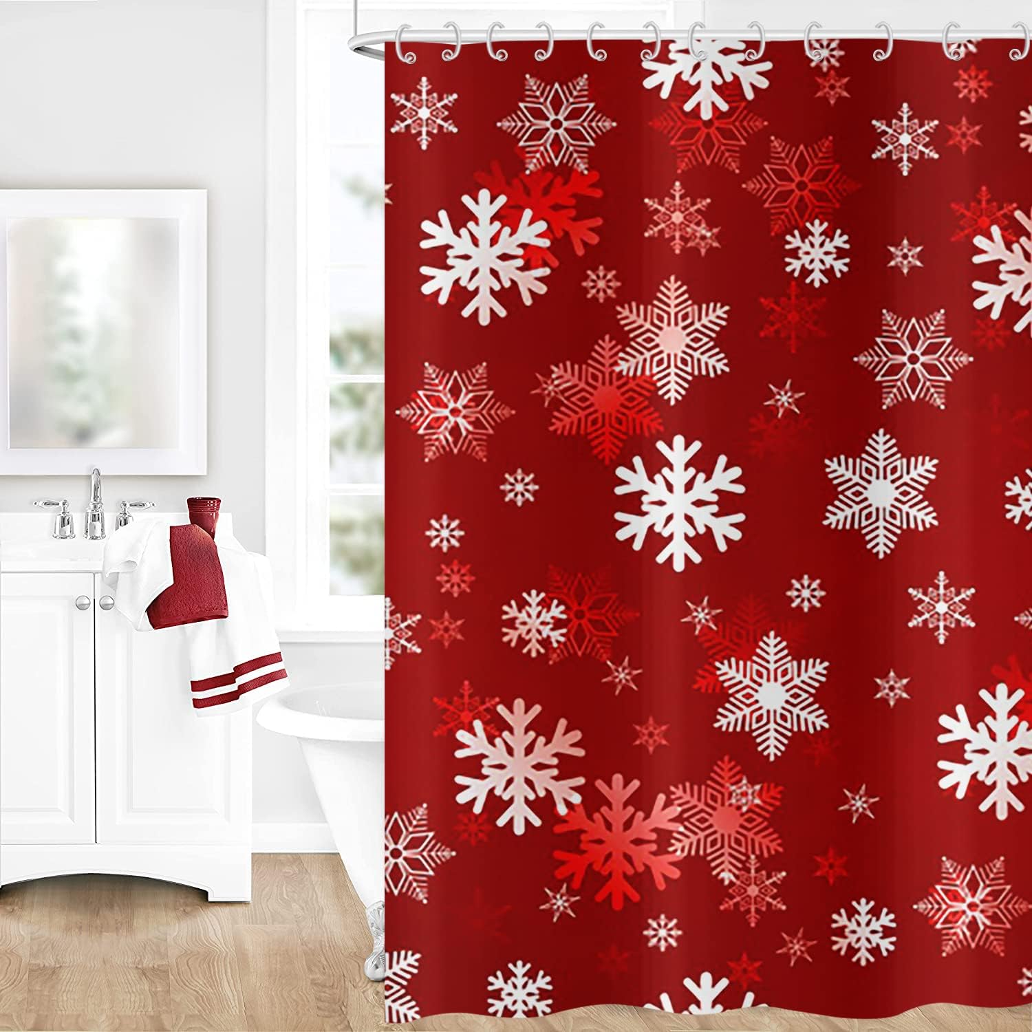 GCIREC Christmas Snowflake Shower Curtain, Red White Xmas