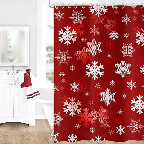 GCIREC Cortina de ducha de copo de nieve de Navidad, diseño de copo de nieve de Navidad rojo y blanco, cortina de baño de año nuevo, decoración de