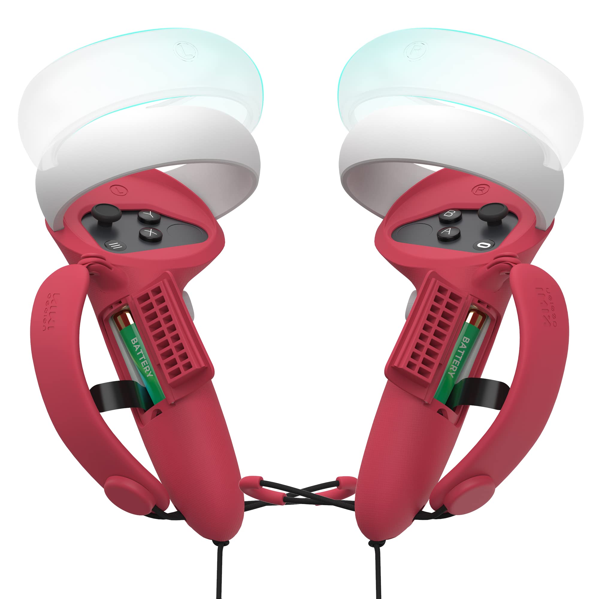 KIWI design Controller Grips Cover with Battery Opening, Adjustable with Knuckle Straps Compatible with Quest 2 (Red)