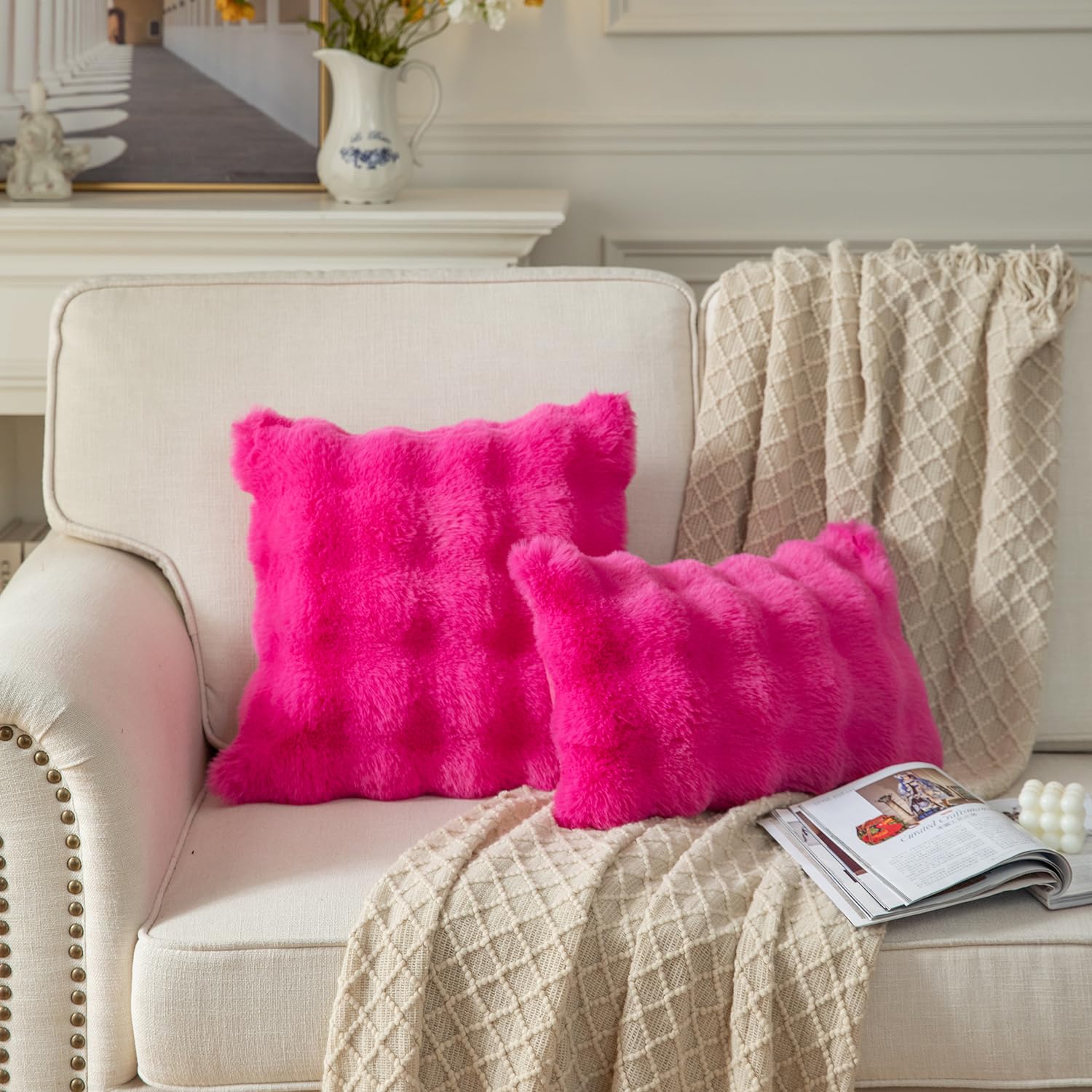 YAERTUN Pack of 2 Hot Pink Cushion Covers 12x20 Inch 30x50 cm Thick Soft wool Decorative Throw Pillow covers Pillowcase Faux Fur Plush fluffy for Sofa Couch Bedroom - Image 4