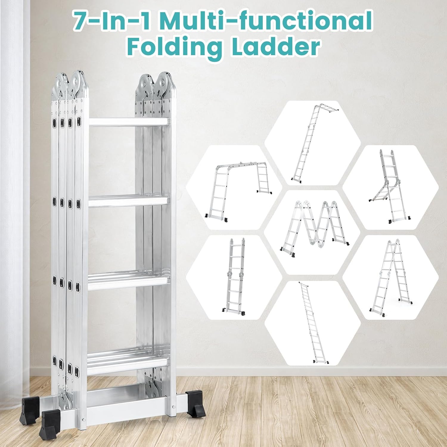 7-in-1 Folding Ladder, Multi-Purpose 15 FT Aluminum Alloy Ladder with Non-Slip Feet, Safety Locking & Heavy Duty Frame, Indoor & Outdoor Lightweight Extension Ladder, 330 LBS Capacity