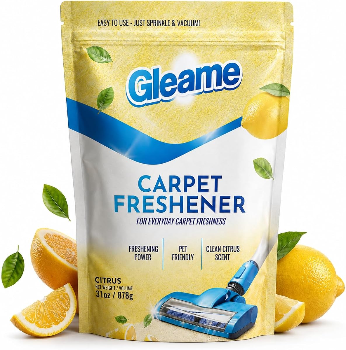 Carpet Deodorizer Powder - Lemon Citrus Scented 31oz Baking Soda | Long-Lasting Pet Mat Refresher with Deep Neutralizing Technology - Residue-Free Formula for Home Rugs, Couches & Car Seats