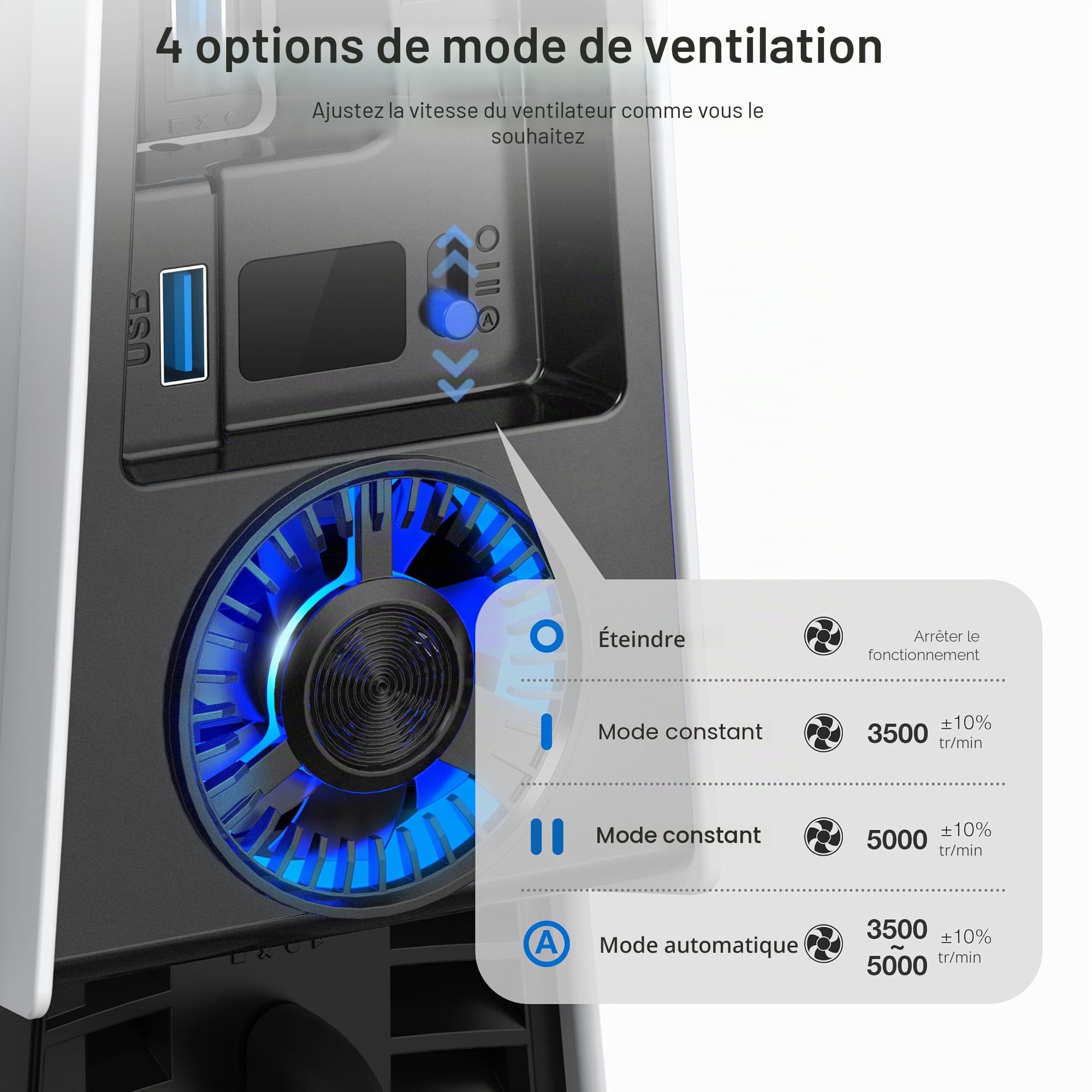 JUSPRO Ventilateur de refroidissement pour PS5 Pro, silencieux amélioré avec 4 ventilateurs de refroidissement avec vitesse réglable, marche/arrêt automatique, accessoires de refroidissement avec port