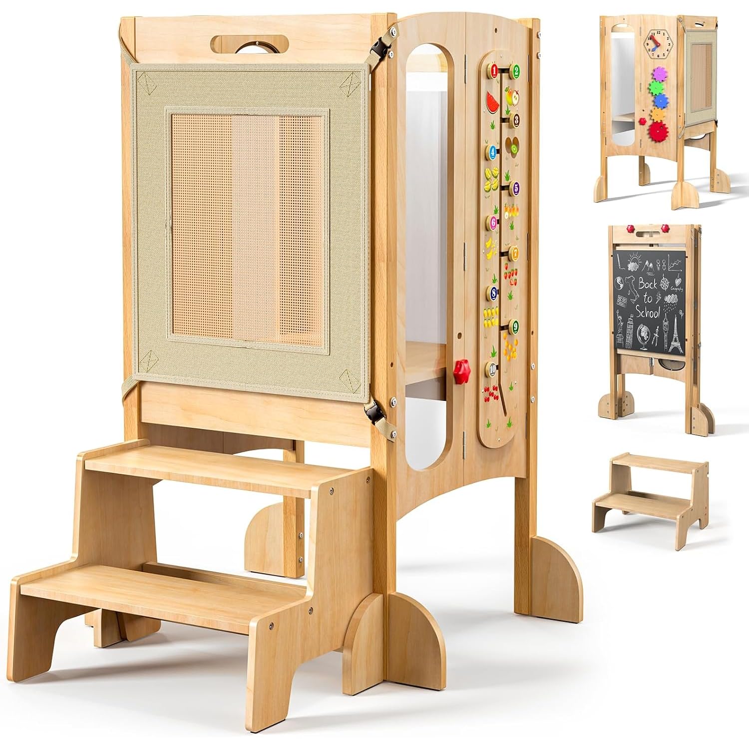 Pieghevole Torre di Apprendimento, Torre Montessori per bambini con Lavagna, Tabellone dei Giocattoli, 100% Betulla Naturale, 360° Rete di Sicurezza, Protezione Antiribaltamento, Assemblato