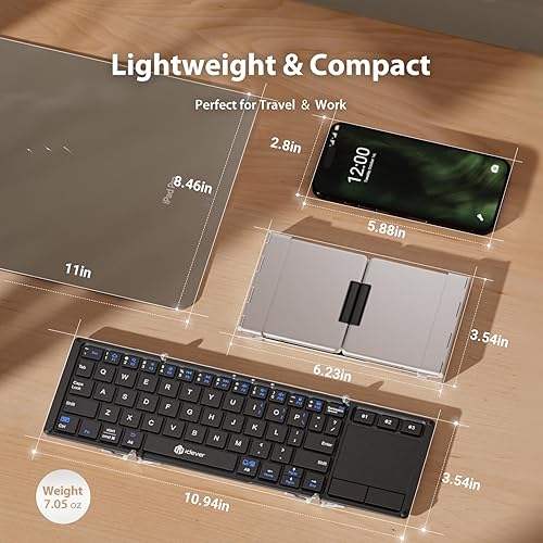 Vista 29 de iClever Teclado inalámbrico plegable en 3 de tamaño compacto de bolsillo (versión inglés) con touch pad sensible (sincroniza hasta 3 dispositivos)