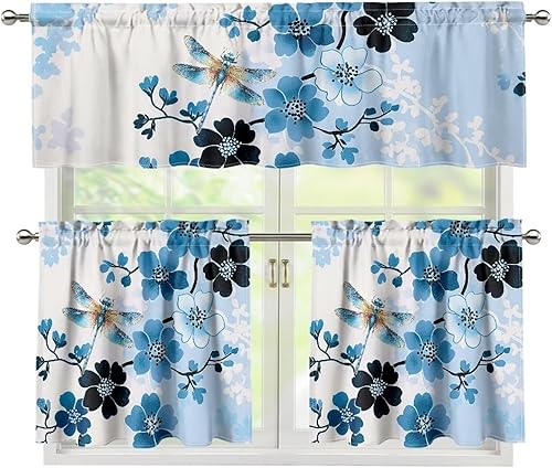 Miniatura 25 de Cortinas de Cocina con Colibríes y Flores, Cortinas de Ventana con Cenefa y Niveles Juego de 3, Cortinas Cortas con Bolsillo para Barra, Cortinas