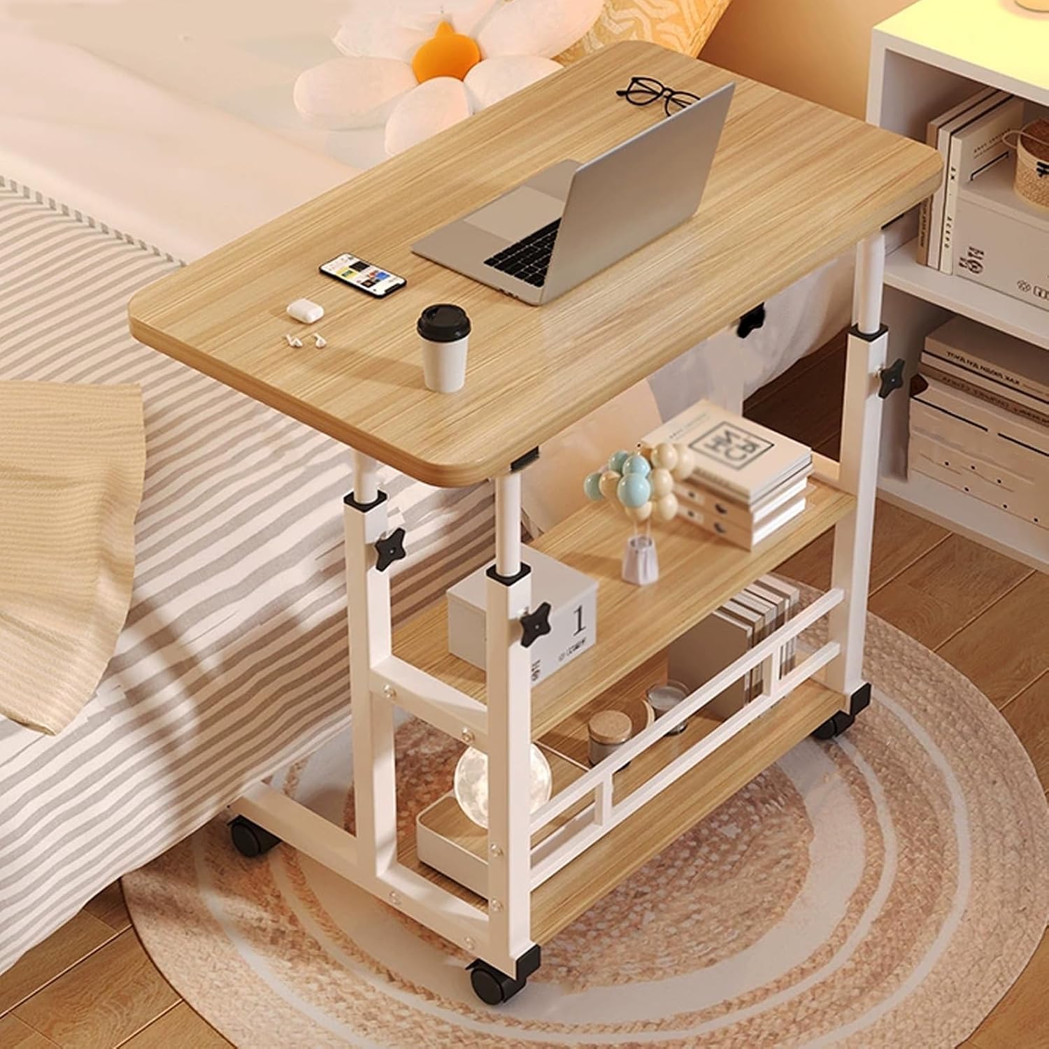 Overbed Table with Wheels Adjustable Height, Mobile Computer Desk Standing Workstation with 3 Tier Storage, C Shaped Bedside Tables for Bedside Sofa(Natural,60cm/23.6in)