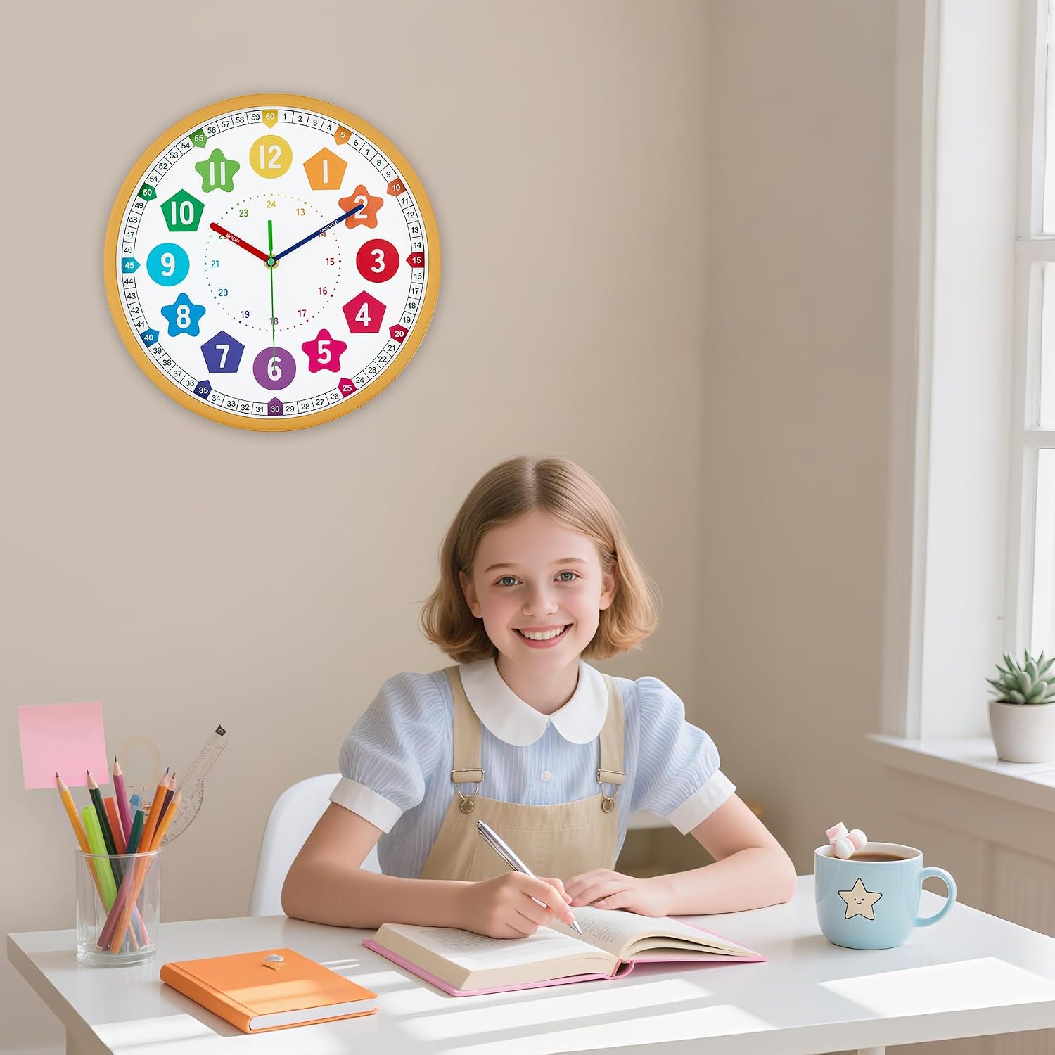 HZDHCLH Kids Wall Clock for Learning to Tell Time 8 Inch Silent Non Ticking Analog Clock with Colorful Shape Numbers Battery Operated Educational Clock for Classroom, Bedroom,Homeschool(Wood Grain)
