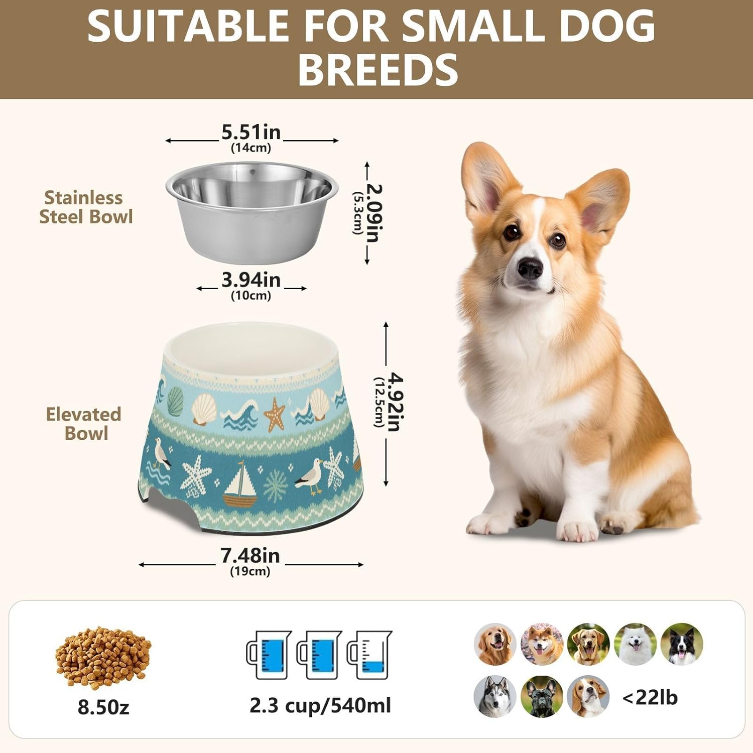 Summer Blue Waves Raised Pets Food Bowls with Stand Stainless Steel Cat Food Dishes for Small Pet Slow Down Eating