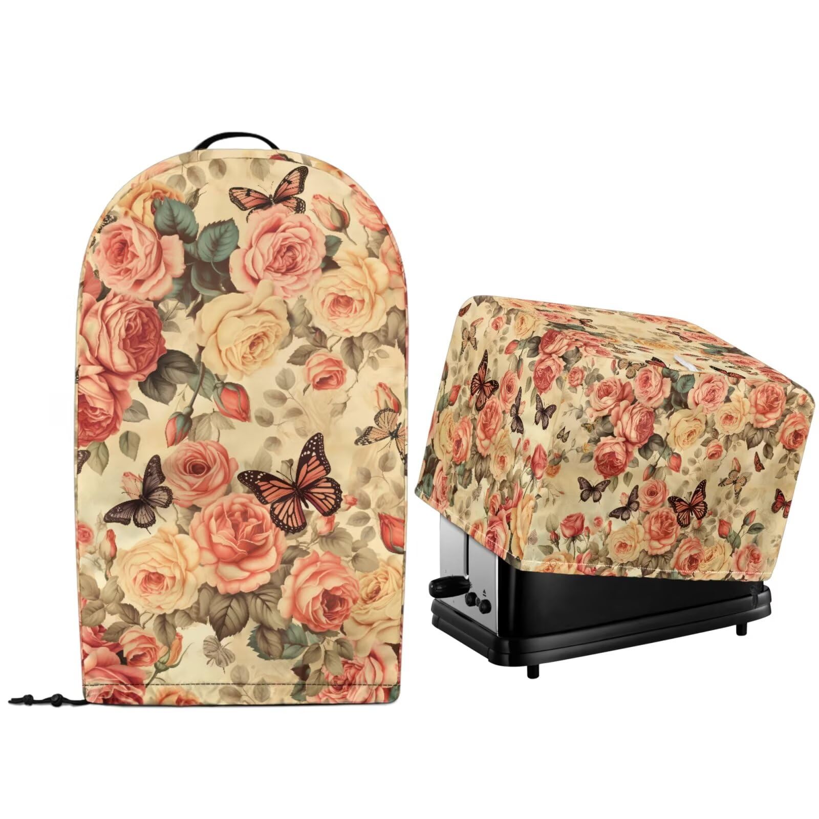 Rose Butterfly Kitchen Appliance Dust Cover with Drawstring Hem for Stand Mixer Food Processor and Toaster Bread Maker Dust Protector Covers Set of 2 Valentine's Day Decor