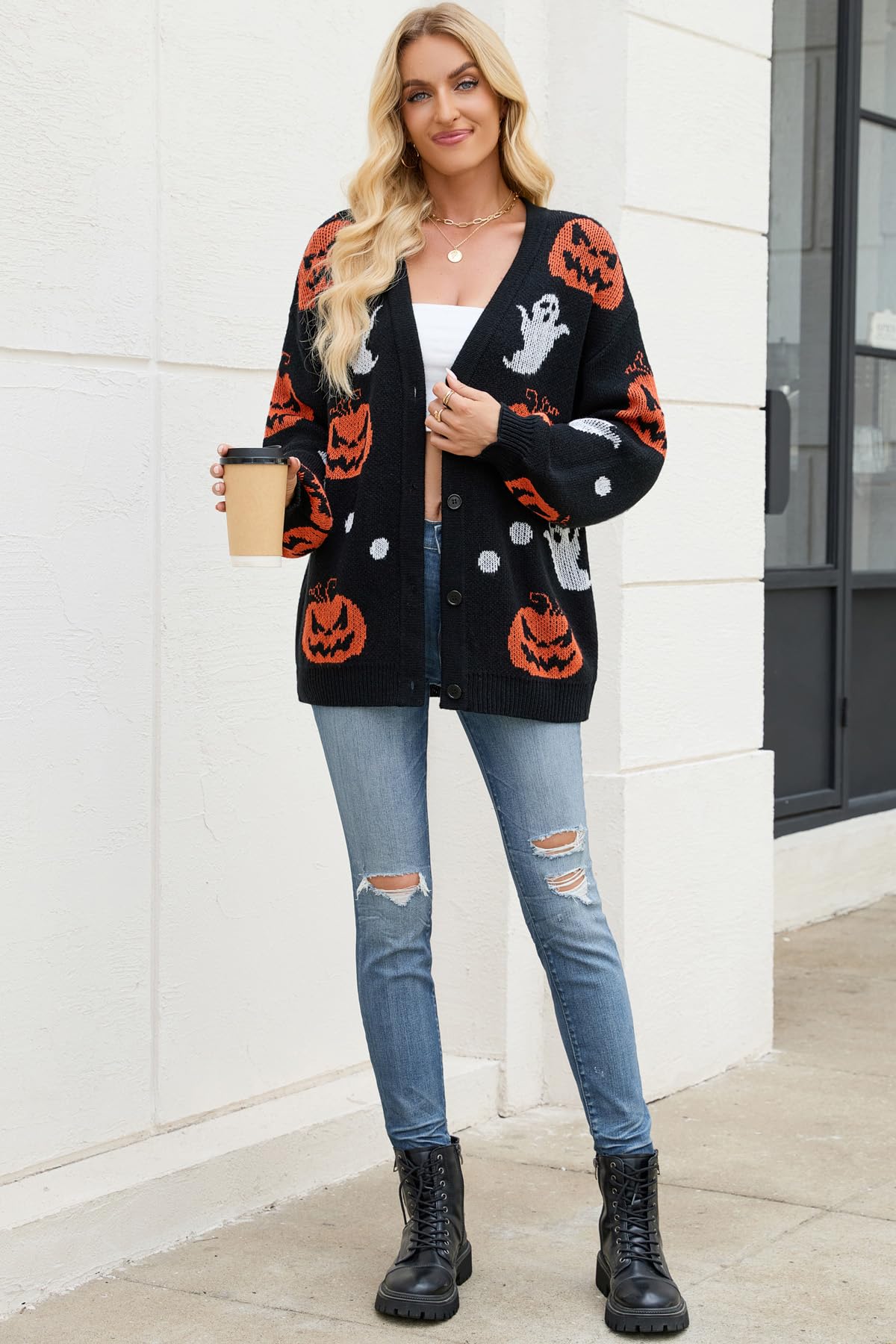 Strickjacke Damen Halloween Kürbis Ghost Rundhals Knopfleiste Cardigan