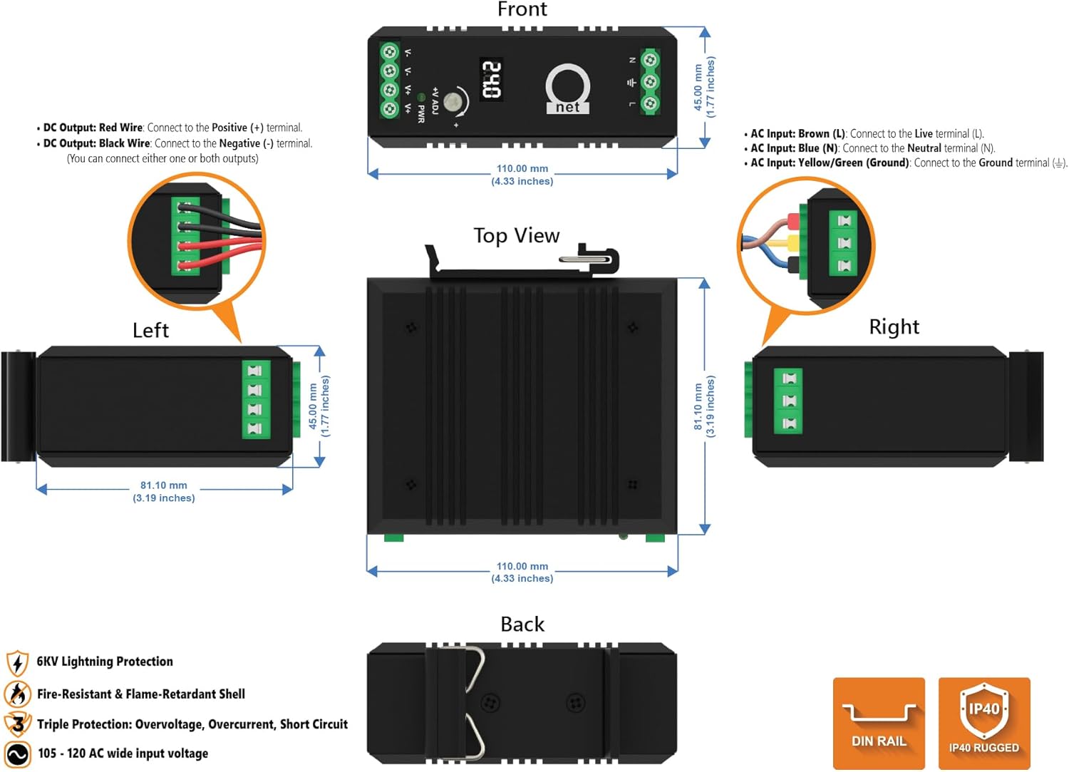 Industrial 24V 2A DIN Rail Power Supply (22–26V Adjustable, 48W) with 12-Port DC Power Distribution Module – LED Voltage Display, Fanless Aluminum, -40~85°C Operation, Overload & 6kV Surge Protection