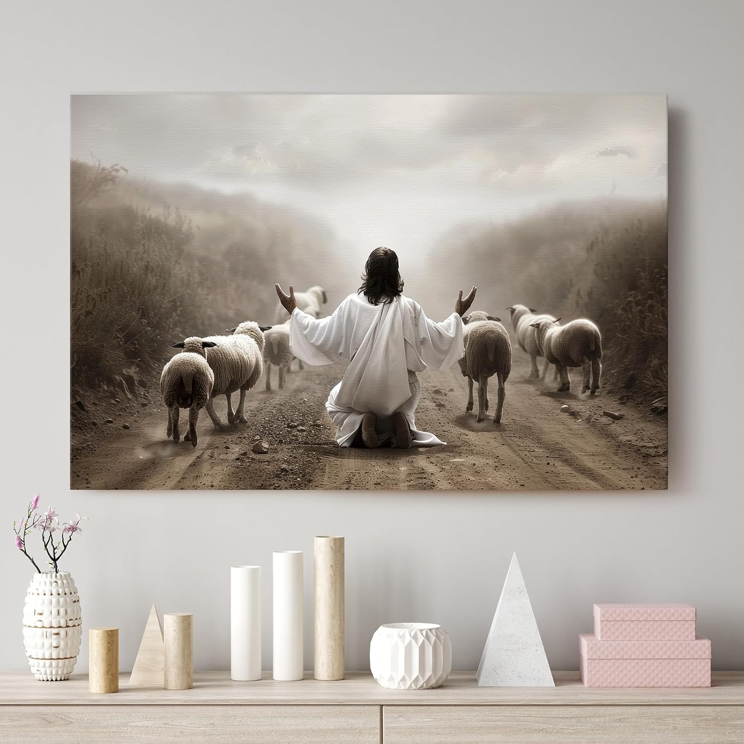 JBER Jesus Canvas Wall Art Jesus Saves the Lost Lamb Canvas Print Posters for Easter, Christian Wall Art Home Decor for Church Prayer Room Living Room Bedroom Office 24×16 in Framed 24L" x 16W" Jesus-1