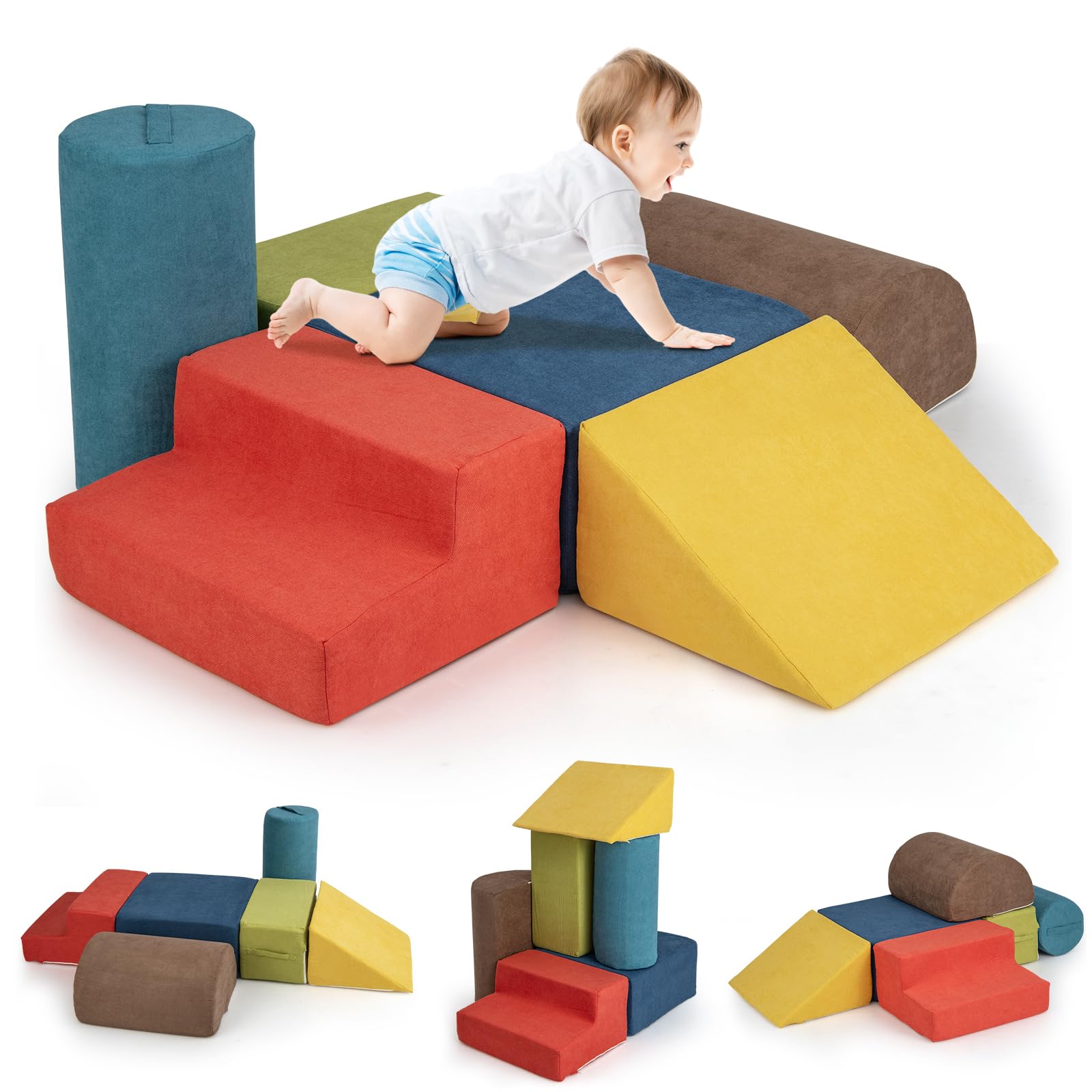 GYMAX 6 Pieces Soft Play Equipment for Toddlers, Kids Activity Set Baby Soft Foam Blocks Interactive Toy Foam Block Play Set for Climbing, Sliding & Crawling (Colorful)