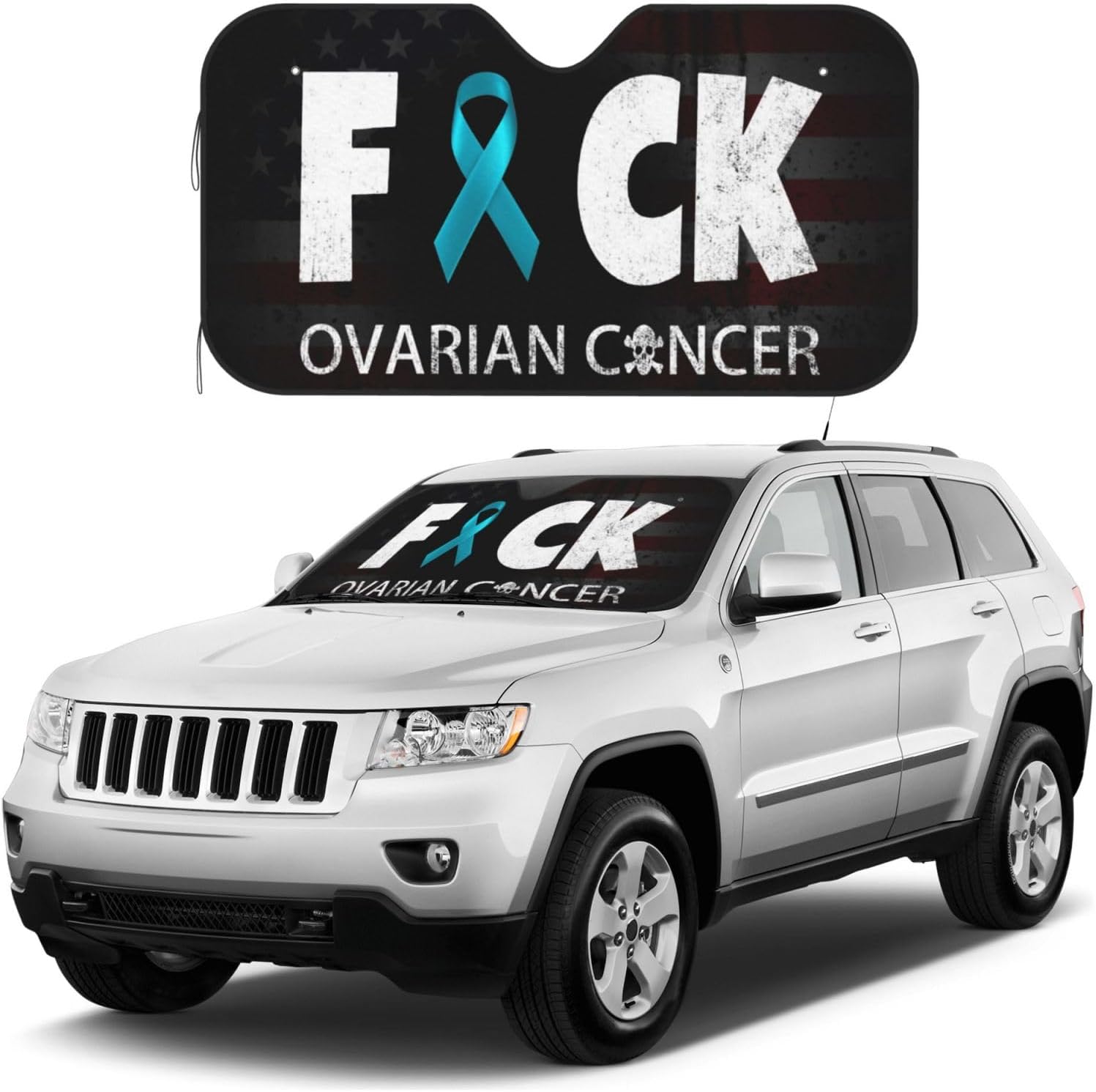 Ovarian Cancer Warrior Aweareness Ribbon Foldable Car Windshield Sunshade Blocks Heat and Sun Glare Uv Rays
