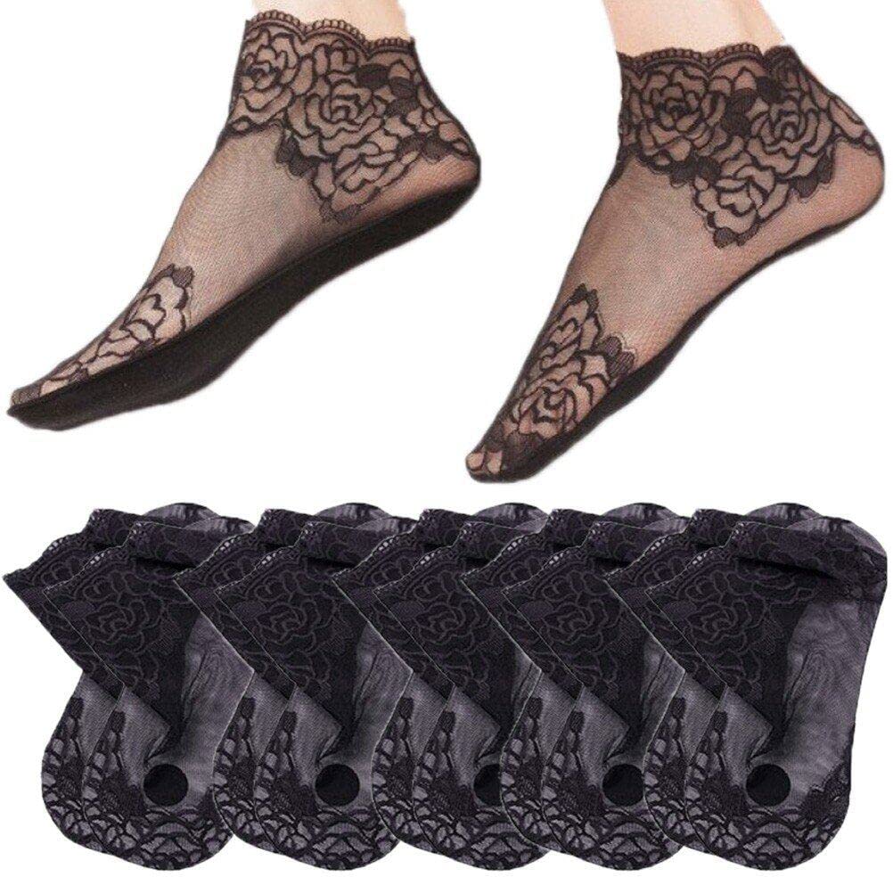 Sanfly Women's Style 2 Lace Ankle Socks 6 Pairs Non Slip Ruffle Socks Elastic Fishnet Ankle Socks