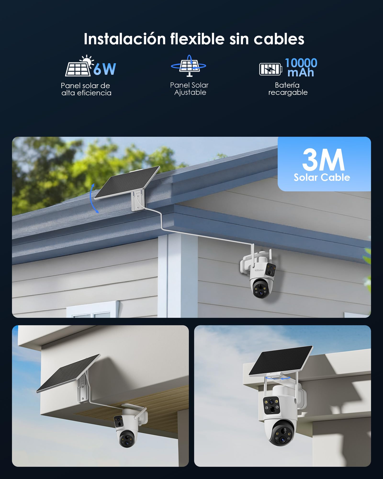 CZEview 4MP Cámara Vigilancia WiFi Exterior Solar con Lentes Duales PIR, Sin Cable, 2.4GHz Wi-Fi Cámara IP65, Batería 10000mAh, 360° PTZ, Visión Nocturna Color, Audio Bidireccional, Sirena | Lente doble, detección de movimiento dual PIR, 2.4GHz WLAN cámar