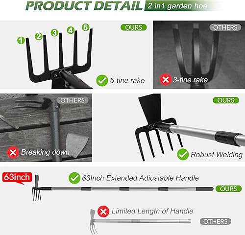 Miniatura 5 de Walensee Herramienta de jardín Hoe, azada de jardín de 63 pulgadas con mango largo ajustable para deshierbe, cultivador de azada de 5 púas 2 en 1,