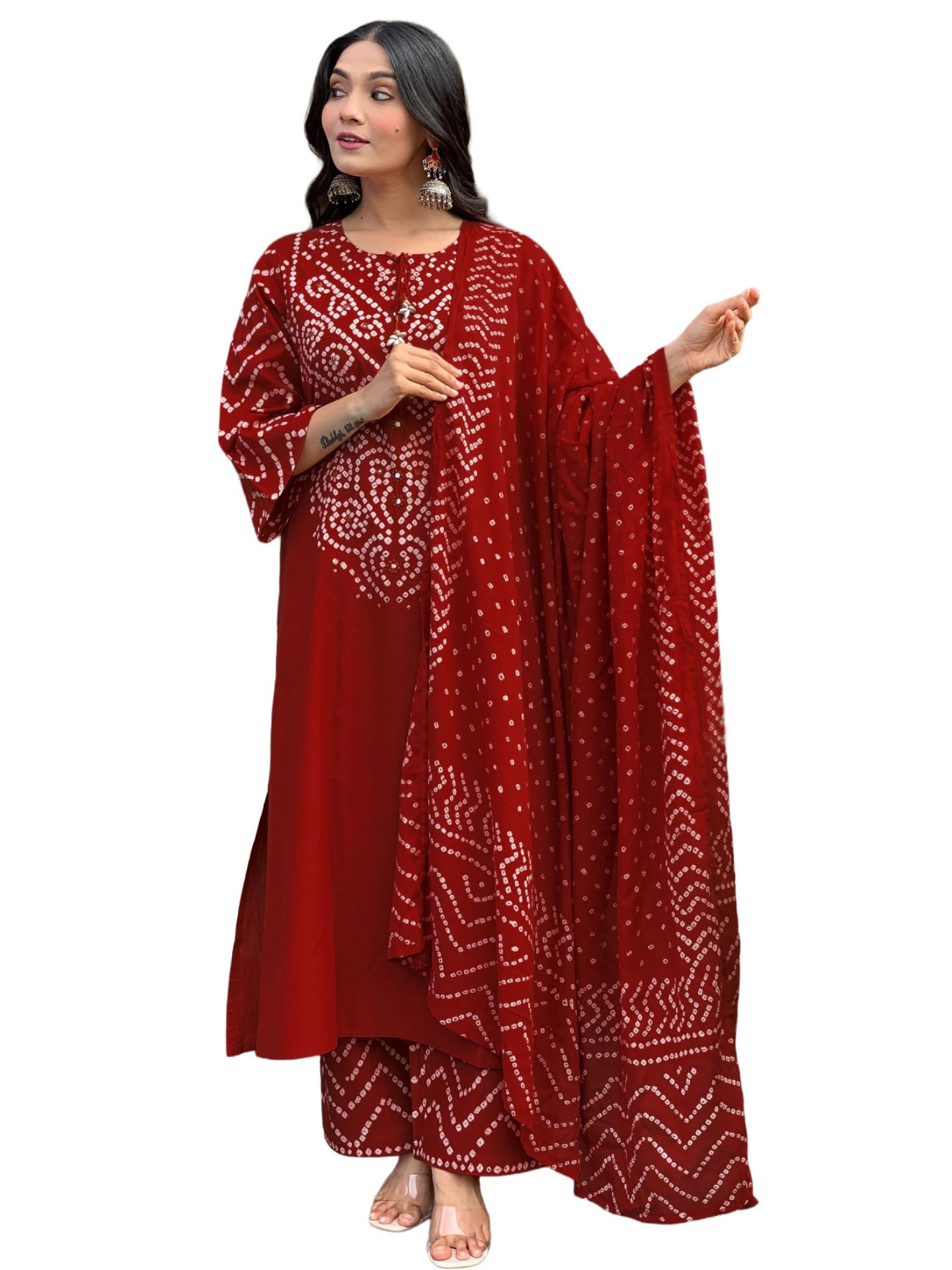 GoSriKi Kurta Sets for Women Rayon Viscose Bandhani Printed | Kurti Set for Woman | Kurta Pant Dupatta Set | Straight Kurti | Round Neck 3/4 Sleeve Suit Set for Women Stylish Ethnic Outfit