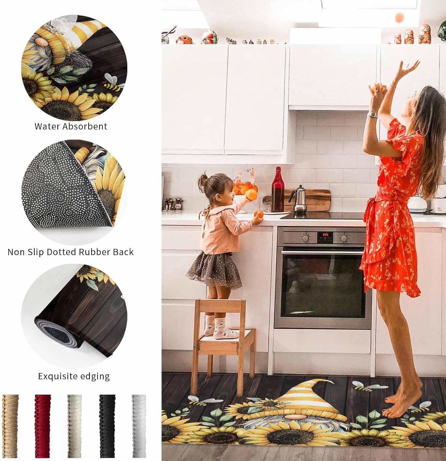 2 Pieces Kitchen Rugs and Mats,Farmhouse Yellow Gnome Sunflower Bee Area Runner Rug Set Non Slip Floor Doormat Washable Carpet Standing Mat for Kitchen Sink Indoor Corridor,Vintage Brown Wood Board