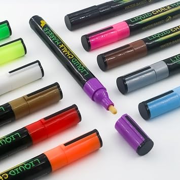 Liquid Chalk Markers Erasable Set of 12 Colors, Neon Liquid Chalk Pens for Chalkboard, Chalk Markers for Blackboard Fine Tip for Whiteboard, Glass, Windows, Mirrors, Restaurant Menu & Signs.
