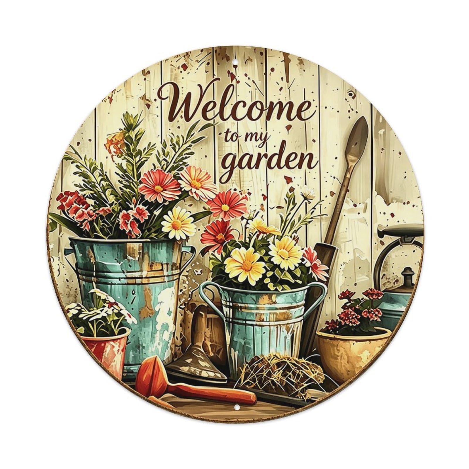 Welcome To My Garden Round Tin Sign Vintage Metal Sign Home Bar Garden Indoor & Outdoor Wall Decor Retro Metal Poster 8x8 Inch