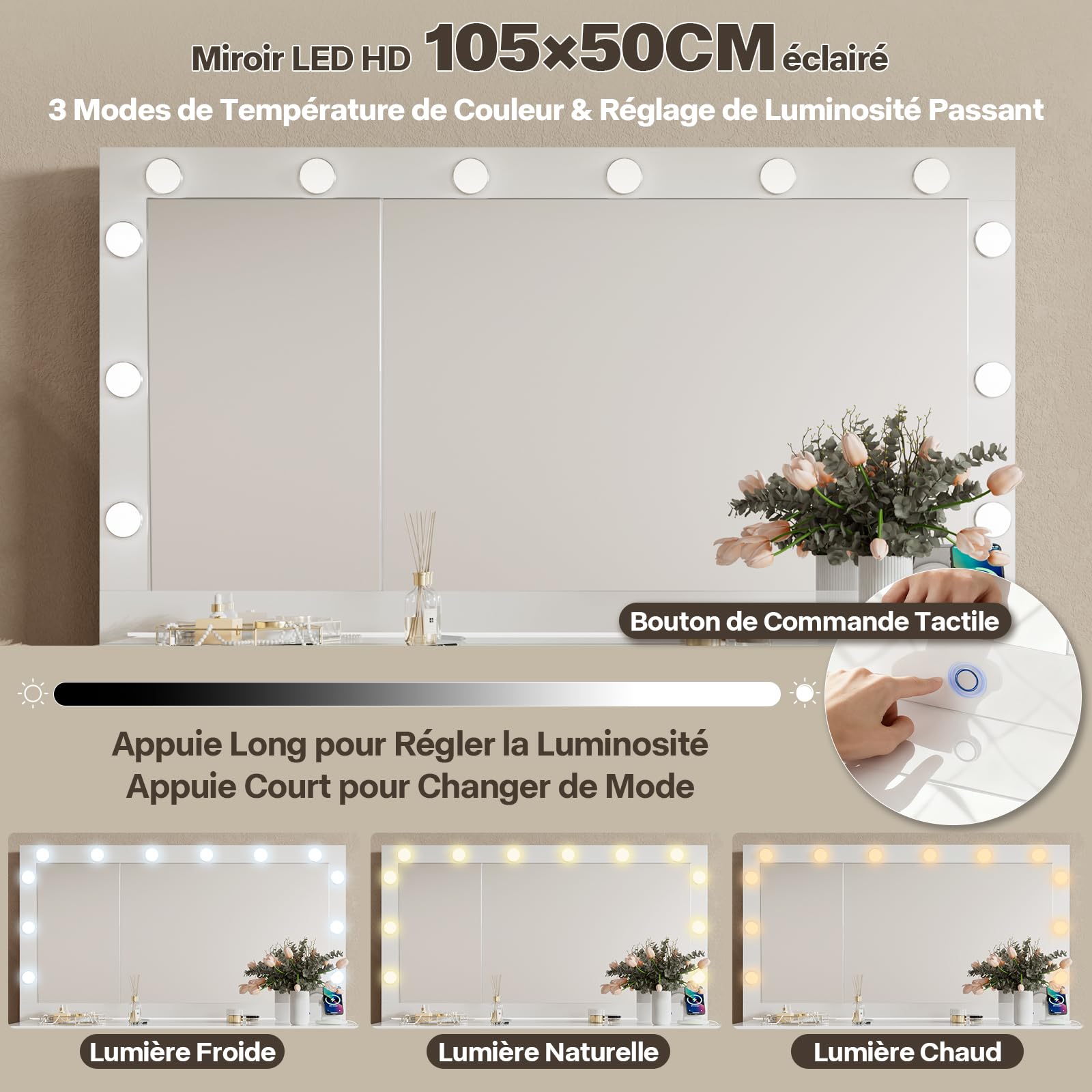 TRIUMPHKEY Coiffeuse Blanc Haute Brillance avec Grande Miroir et Multiprise, 12 Ampoules LED Réglables, Table de Maquillage avec 7 Tiroirs, Rangement de Bijoux, 120x40x140cm Grande Commode Moderne
