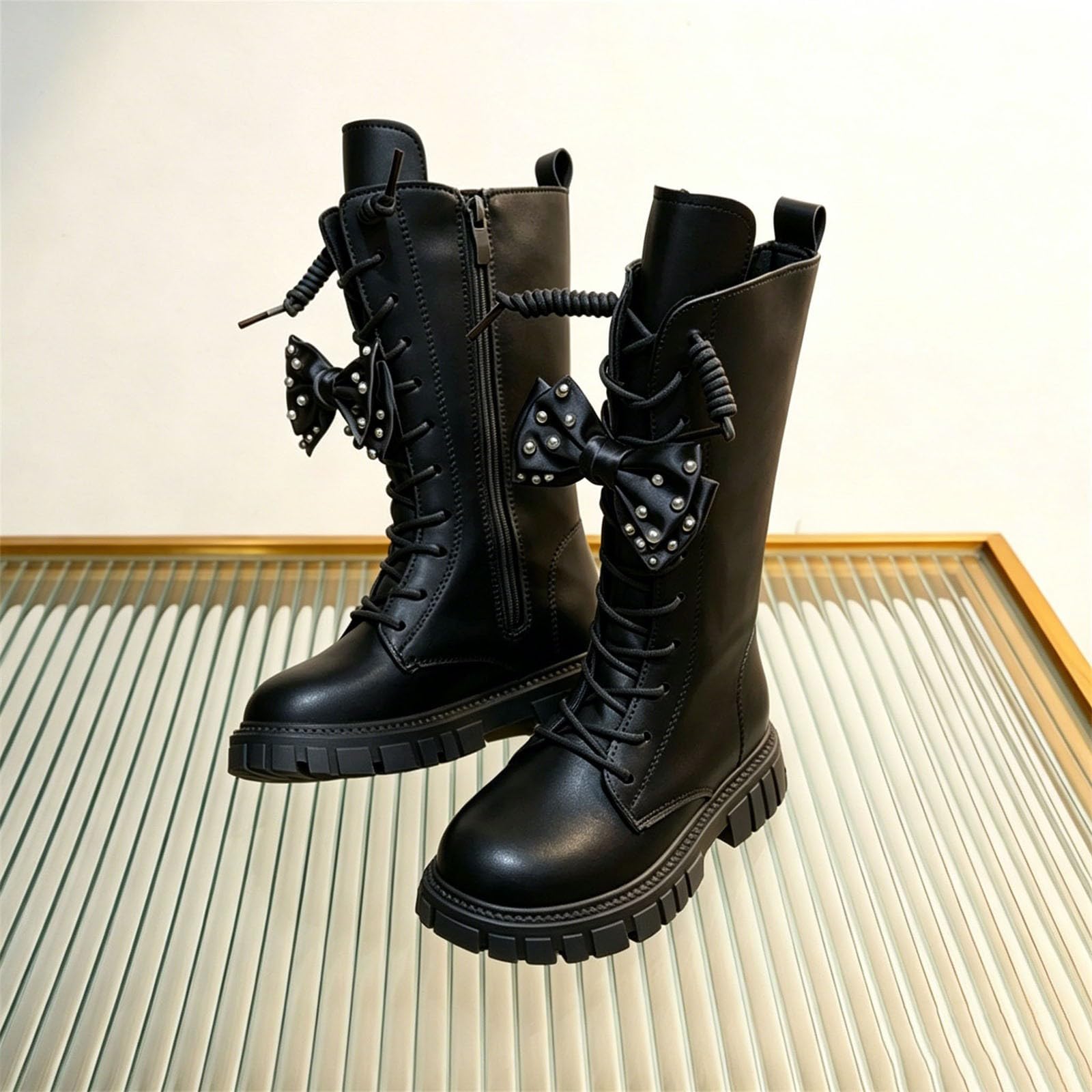 Mädchen Langschaft Stiefel Perlen Schleife Schnürstiefel aus Leder