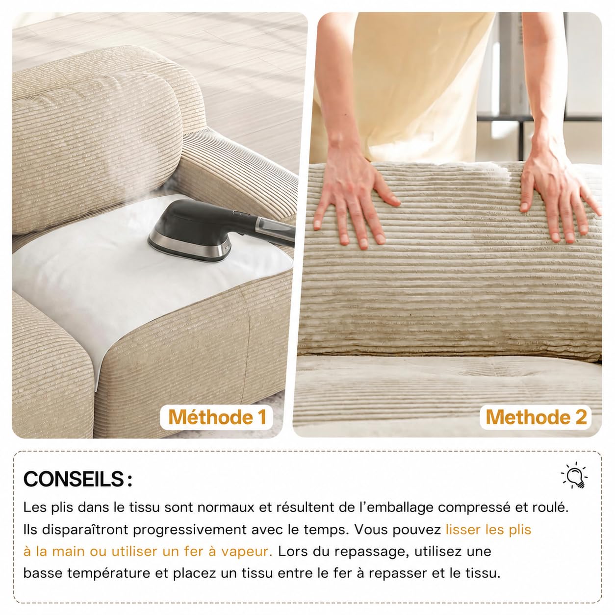 Divano a 3 posti in velluto a coste beige 298x103x70 cm, senza