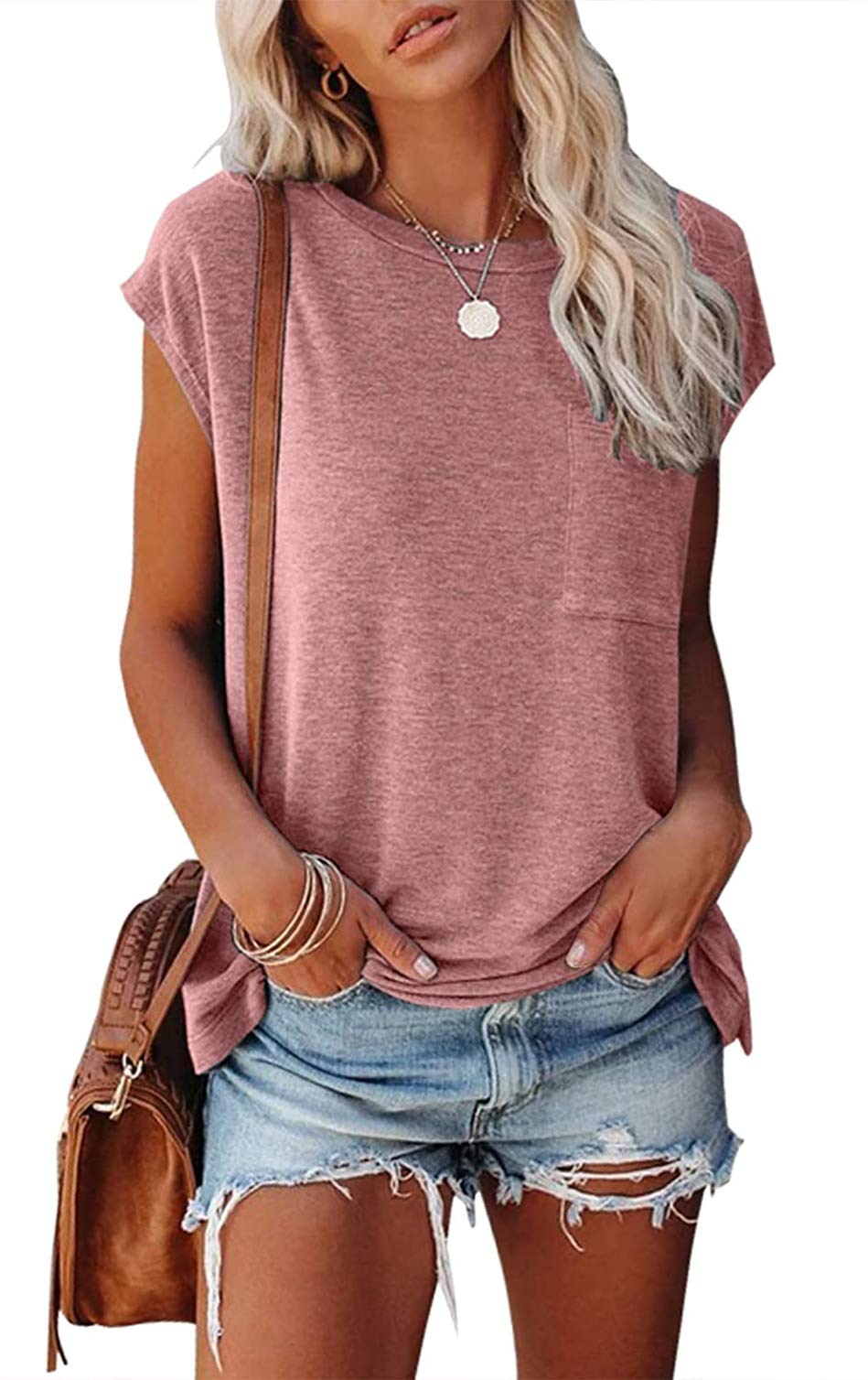 MEROKEETYWomen's Casual Cap Sleeve T Shirts Basic Summer Tops Loose Solid Color Blouse