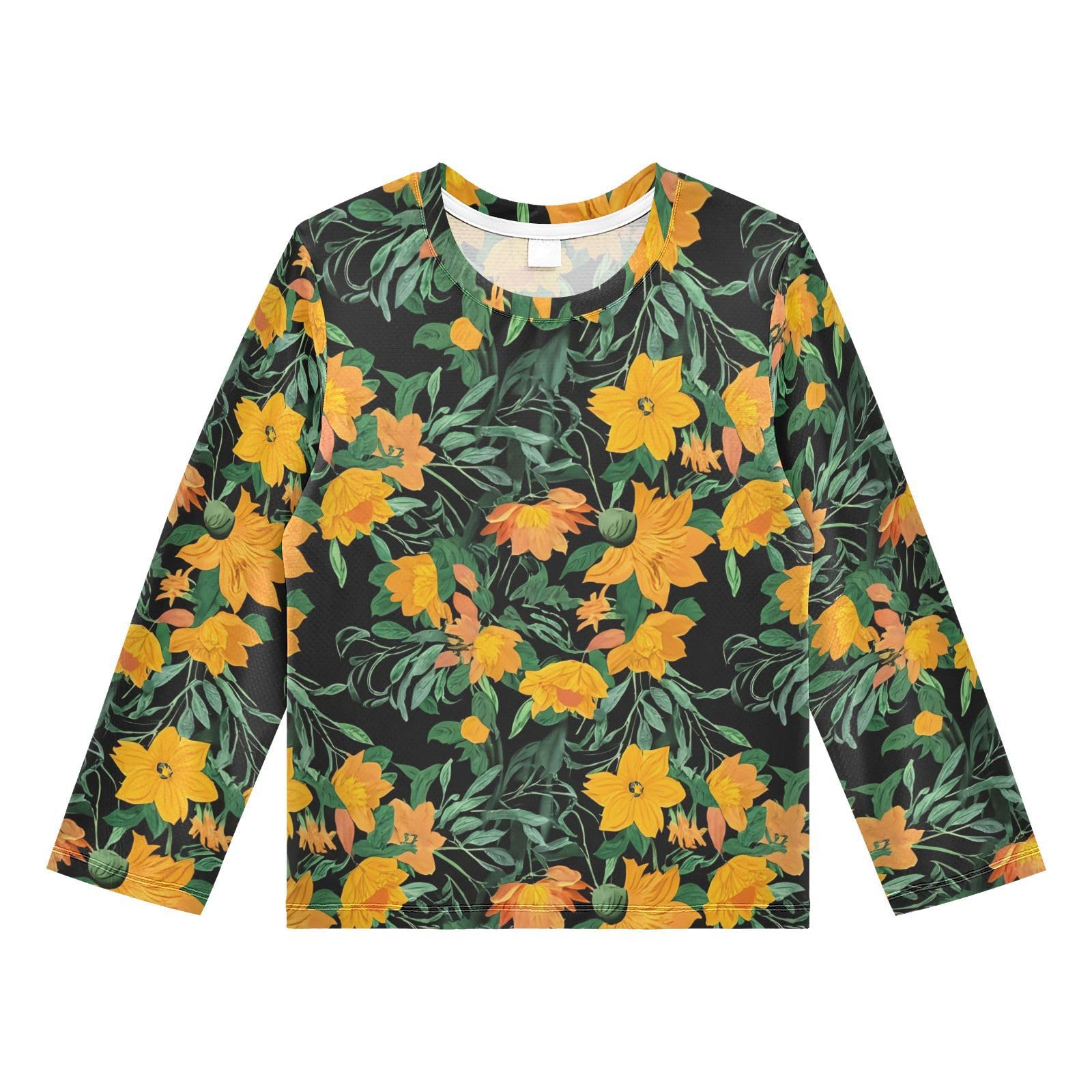 DOMIKING Orange Floral Blossom Foliage Boys Long Sleeve Rashguard Shirt Kids Quick Dry Swim Shirt for Kids Toddler 9-10T