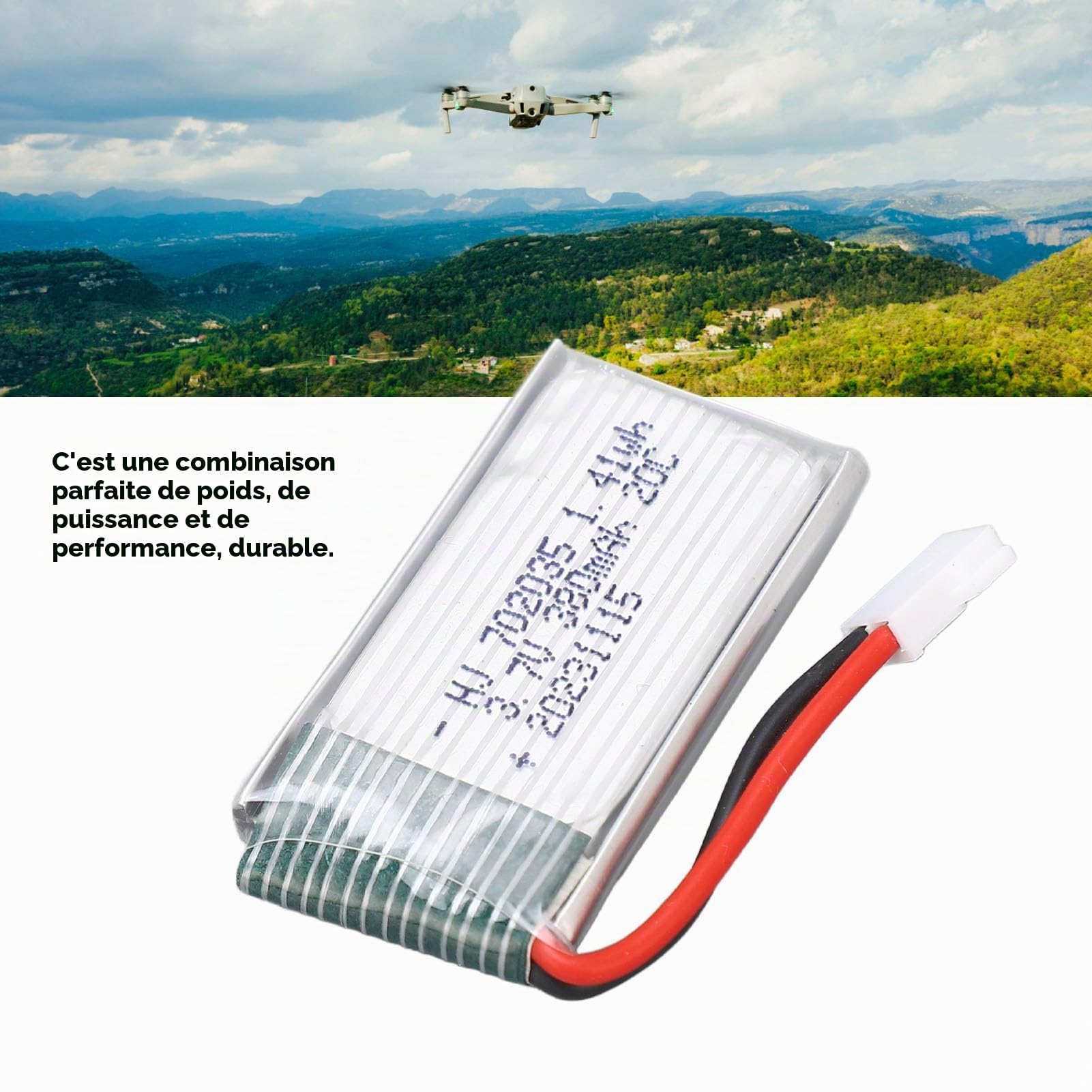 Batterie au Lithium pour Drone, 3,7 V 380 MAh 20 C avec Prise XH2.54 702035 RC Drone Lipo pour Accessoire