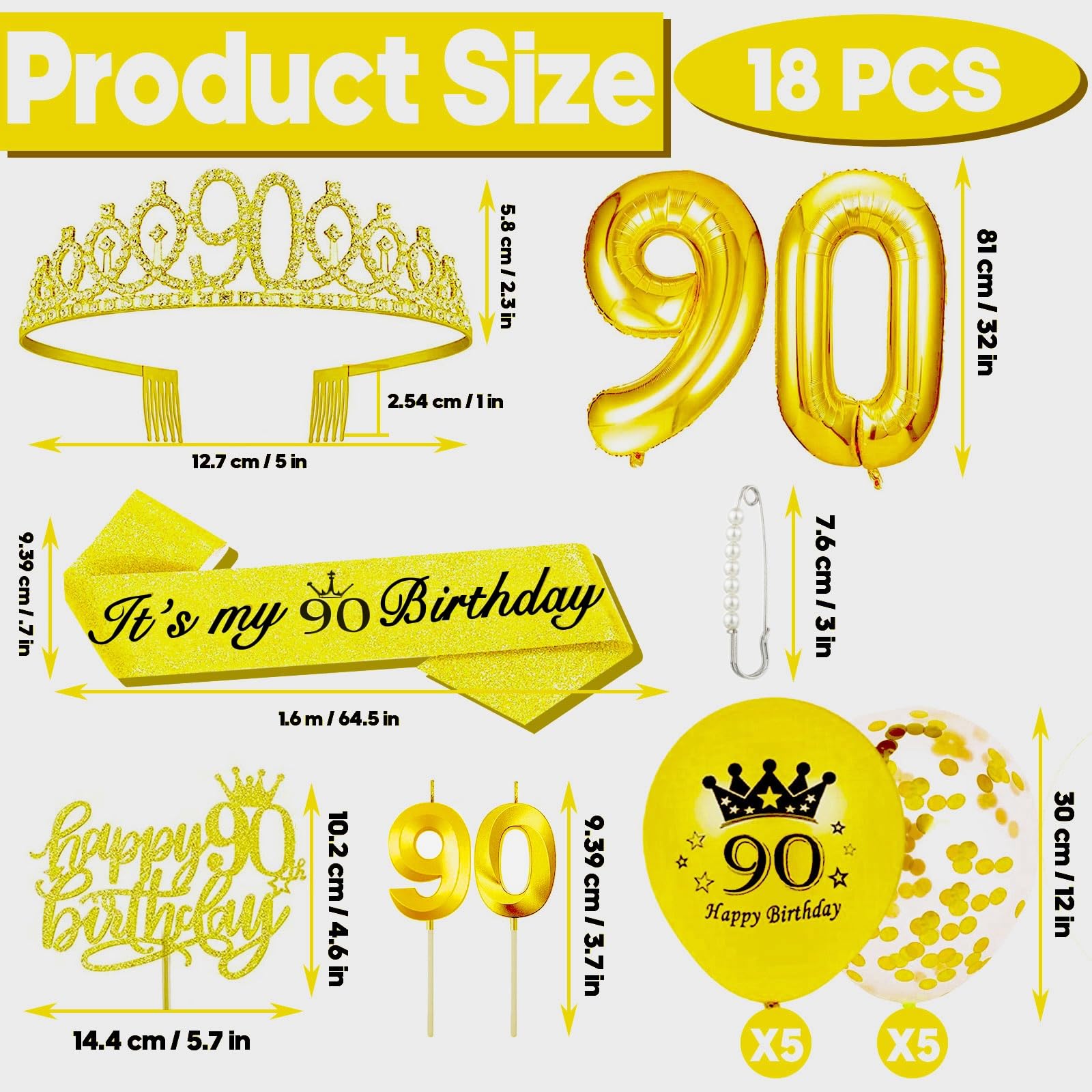 90th Birthday Decorations for Her Girls Set, Include 90th Birthday Crown and 90 Sash, 90th Birthday Cake Topper and 90 Birthday Candles, Gold 90 Balloons, Women 90th Party Supplies(Gold)