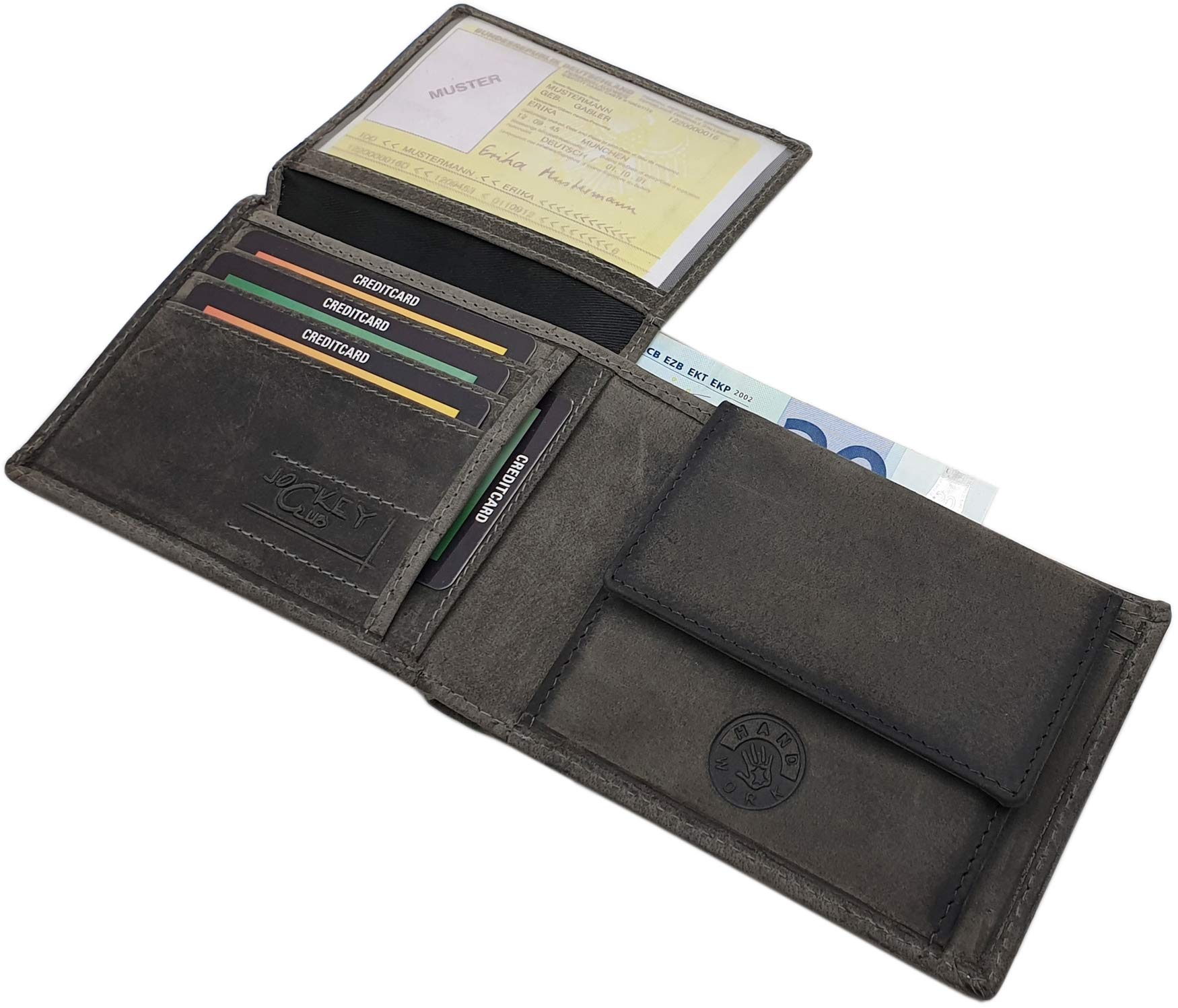 Portfel z Prawdziwej Skóry Bawolej / Portmonetka w Formacie Poziomym z Motywem Trupiej Czaszki, Ochroną RFID i NFC, Kolor Brązowy lub Szary, Einheitsgröße