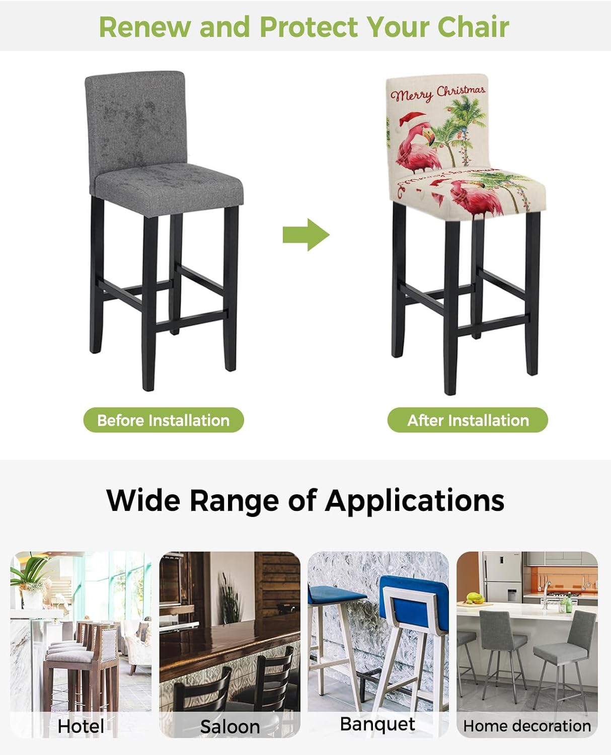 Christmas Flamingos Bar Stool Covers - Stretch Dining Chair Covers Set of 2, Xmas Balls Tree Rustic Bar Chair Covers Removable Counter Stool Pub Chair Slipcovers Protectors for Kitchen/Cafe