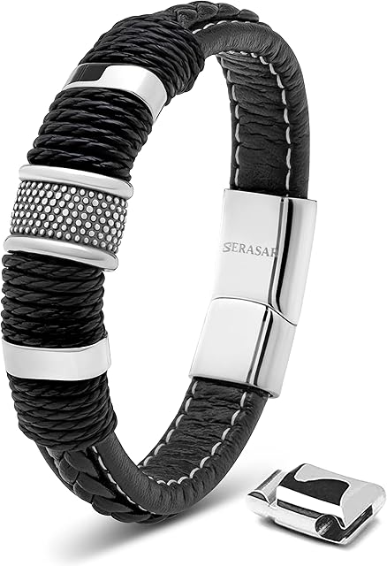 SERASAR | Premium Bracelet [Ring] For Men in Genuine Black Leather | Magnetic Stainless Steel Clasp in Black, Silver and Gold | Exclusive Jewellery Box | Great Gift Idea