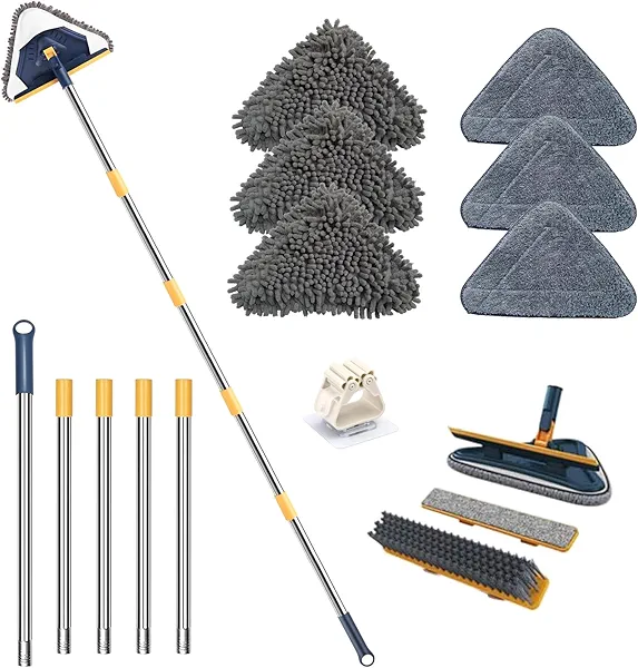 ShinyDew Wall Cleaner Mop with Long Handle, 5-in-1 Wall Cleaning Dust Mop with 6 Replacement Chenille Microfiber Pads, Squeegee, Scrubber, Duster Cleaning Tools for Wall, Window, Floor, Ceiling