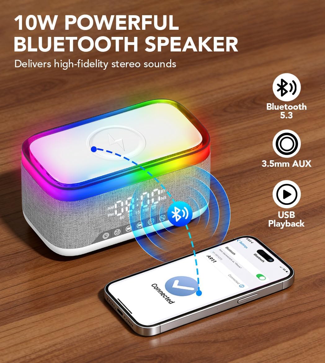 bluetooth speaker with wireless charging, alarm clock radio for bedrooms 6 in 1 dimmable digital clock with fm radio white noise charging station rgb led night light for iphone samsung
