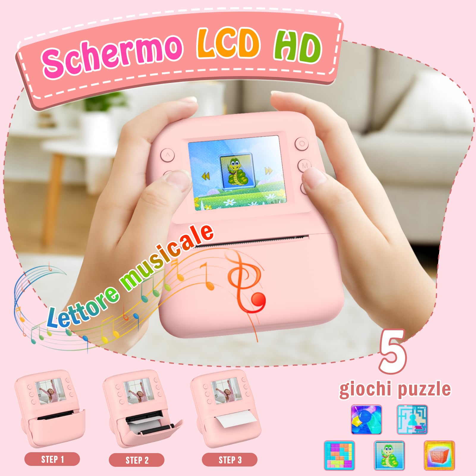 Macchina Fotografica Bambini Istantanea, 2.4" HD Fotocamera Bambini Regalo Bambina 3-10 Anni Macchina Fotografica Digitale Giochi Bambina 3-8 Anni Fotocamera Istantanea Regalo Natale