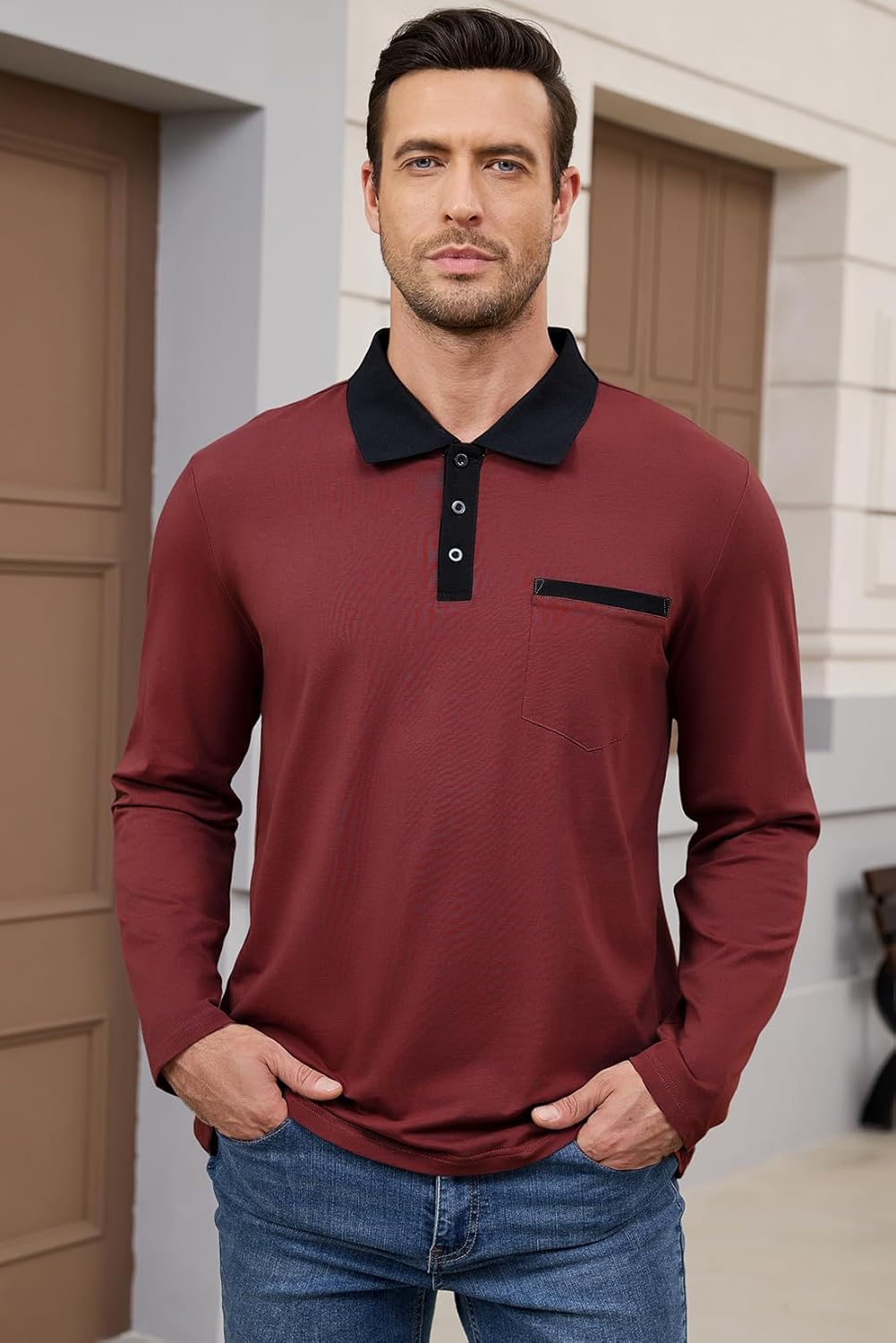 Men's Casual Long Sleeve Polo Shirts Cotton Polos T Shirt Classic Button Collared Golf Shirt with Pocket - Image 4