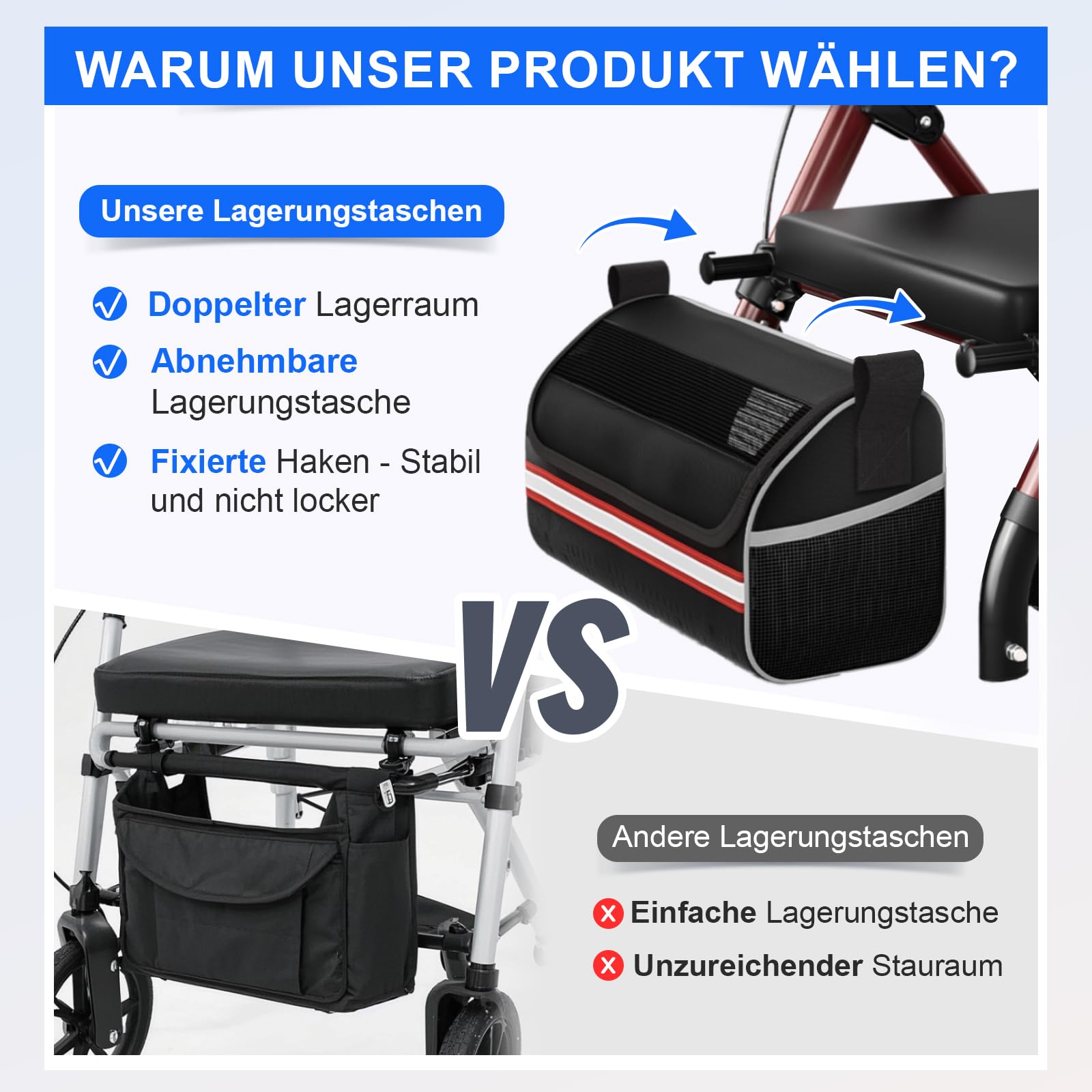 Leichtgewicht Rollator faltbar mit Sitz, Bis (160 kg) belastbar | 6-fach höhenverstellbar, 8-Zoll All-Terrain-Reifen, Robuste Aluminium-Laufhilfe Ideal für Indoor & Outdoor (Weinrot)