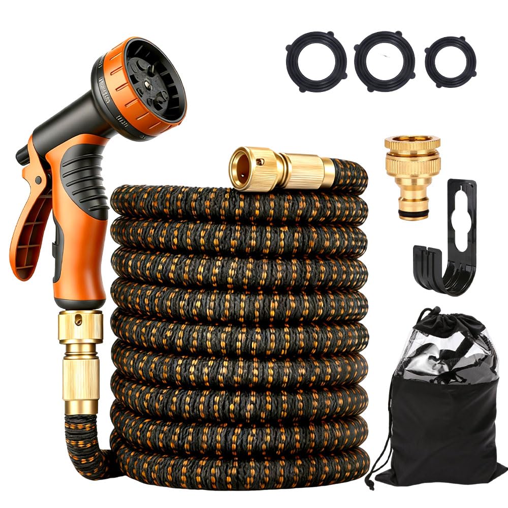 Weciau 50FT Expandable Garden Hose, No-Kink Flexible Hose Pipe with 3/4"&1/2" Connectors and 10 Modes Spray Gun, 3 Layer Latex Expanding Water Hose for Gardening, Cleaning and Washing